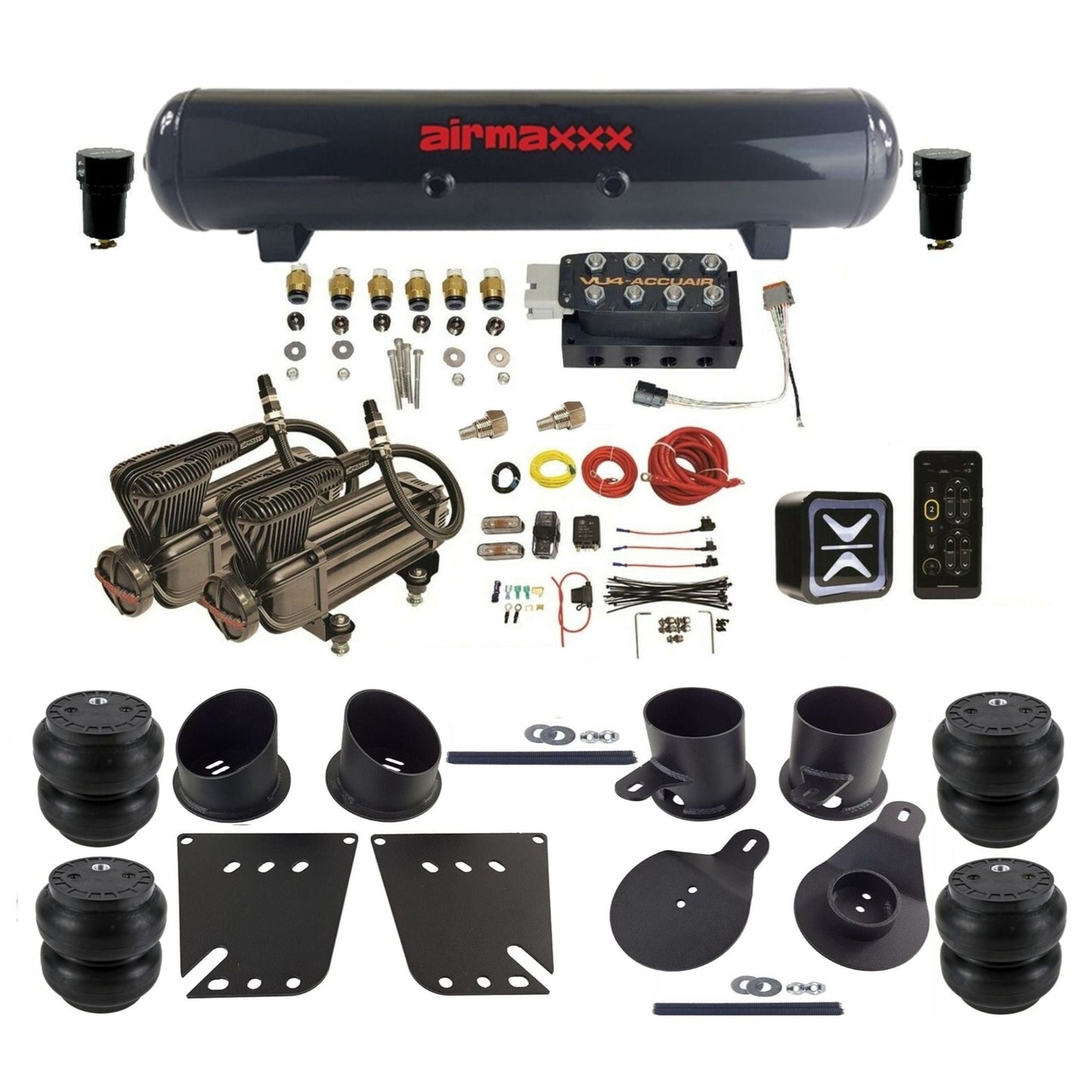 accuair e+ connect vu4 dual x-series compressors steel tank slam bags air ride kit for 1958-1964 chevy impala KIMP58-X2B-57S-VU4E-WK-HFSS7