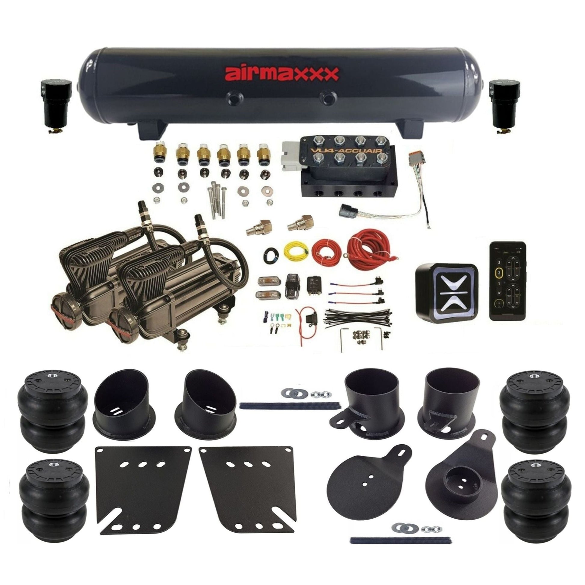 accuair e+ connect vu4 dual x-series compressors steel tank slam bags air ride kit for 1958-1964 chevy impala KIMP58-X2B-57S-VU4E-WK-HFSS7