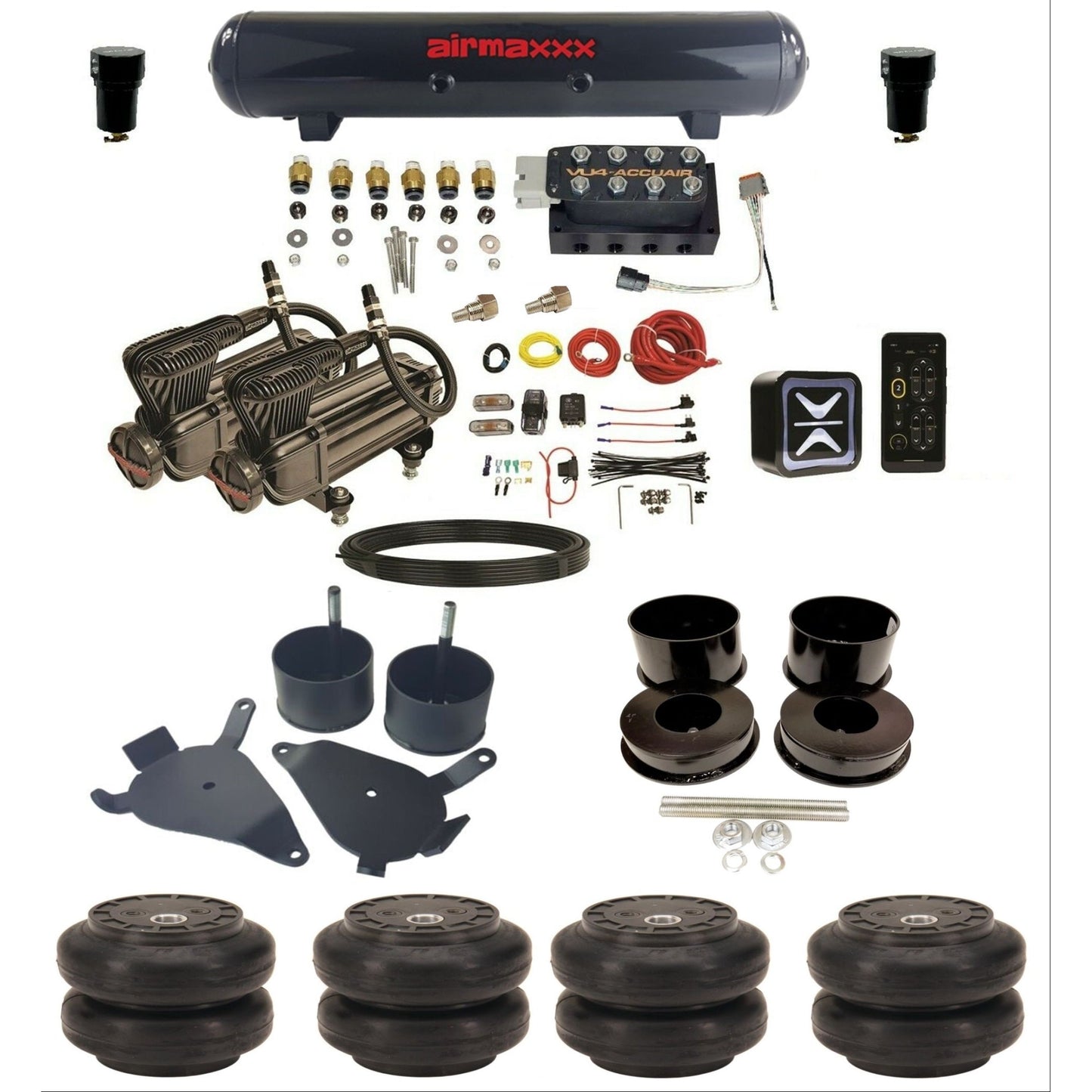 accuair e+ connect vu4 dual x-series compressors steel tank slam bags air ride kit for 1978-1988 gm g-body KGBDY-X2B-57S-VU4E-WK-HFSS6