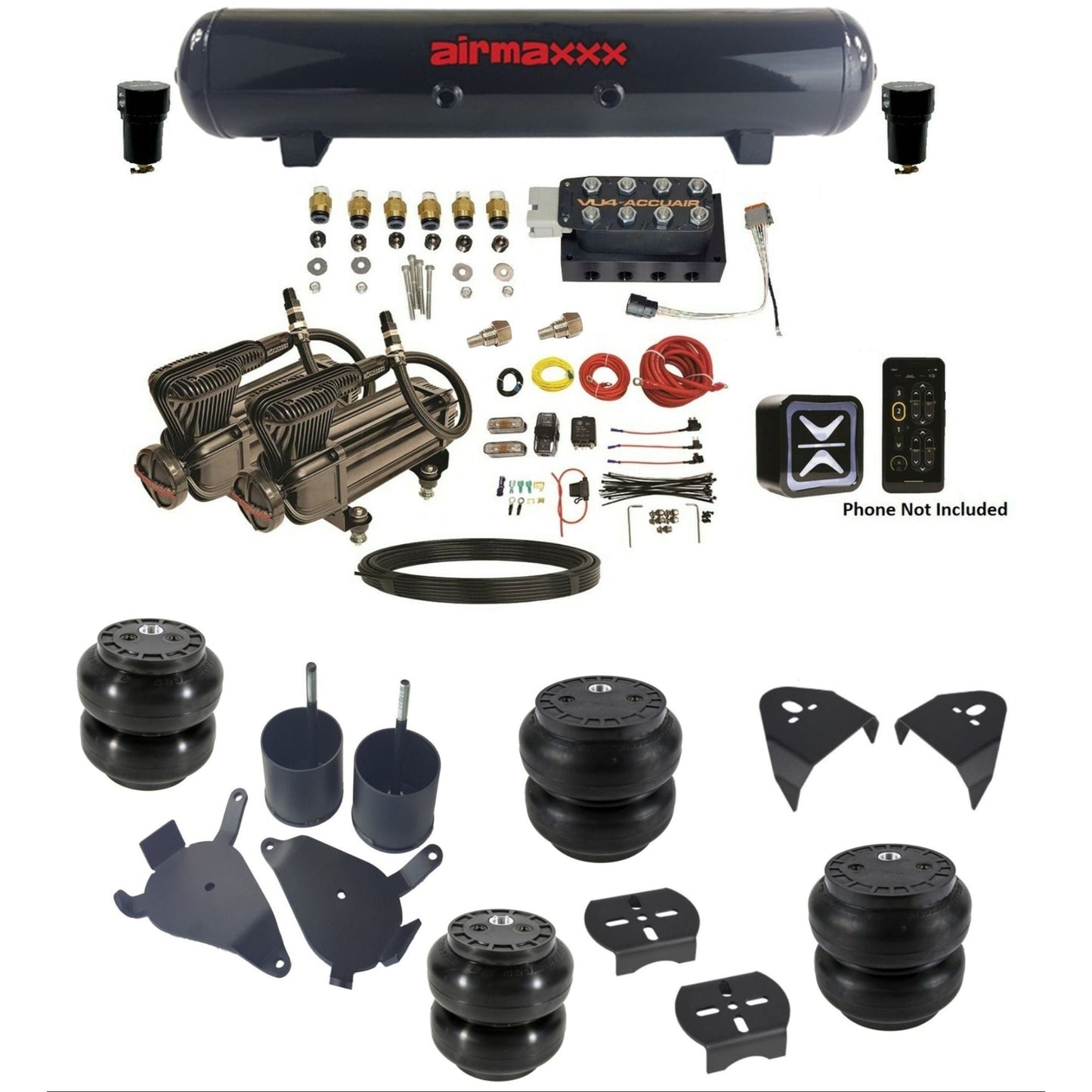 accuair e+ connect vu4 dual x-series compressors steel tank & slam bags air ride kit for 1982-2005 chevy s10 KS10-X2B-57S-VU4E-WK-HFSS6SS7