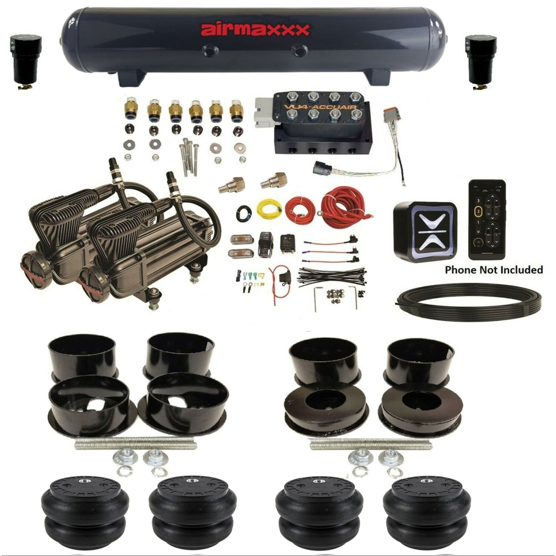 accuair e+ connect vu4 dual x-series compressors steel tank slam bags all black air ride kit for 1971-1996 gm b-body KBBDY-X2B-57S-VU4E-WK-HFSS7