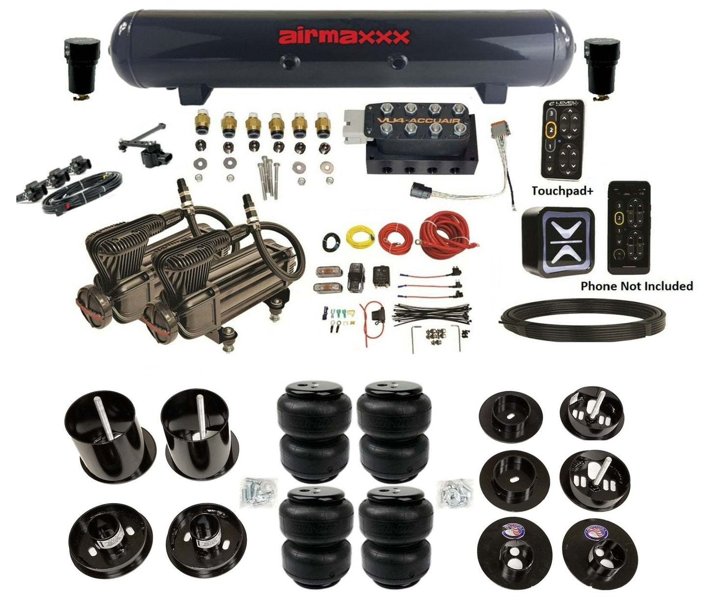 accuair e connect vu4 height plus steel tank air lift bags air ride kit for 1965 1970 cadillac KCAD65-X2B-57S-VU4EHT-WK-HFD25