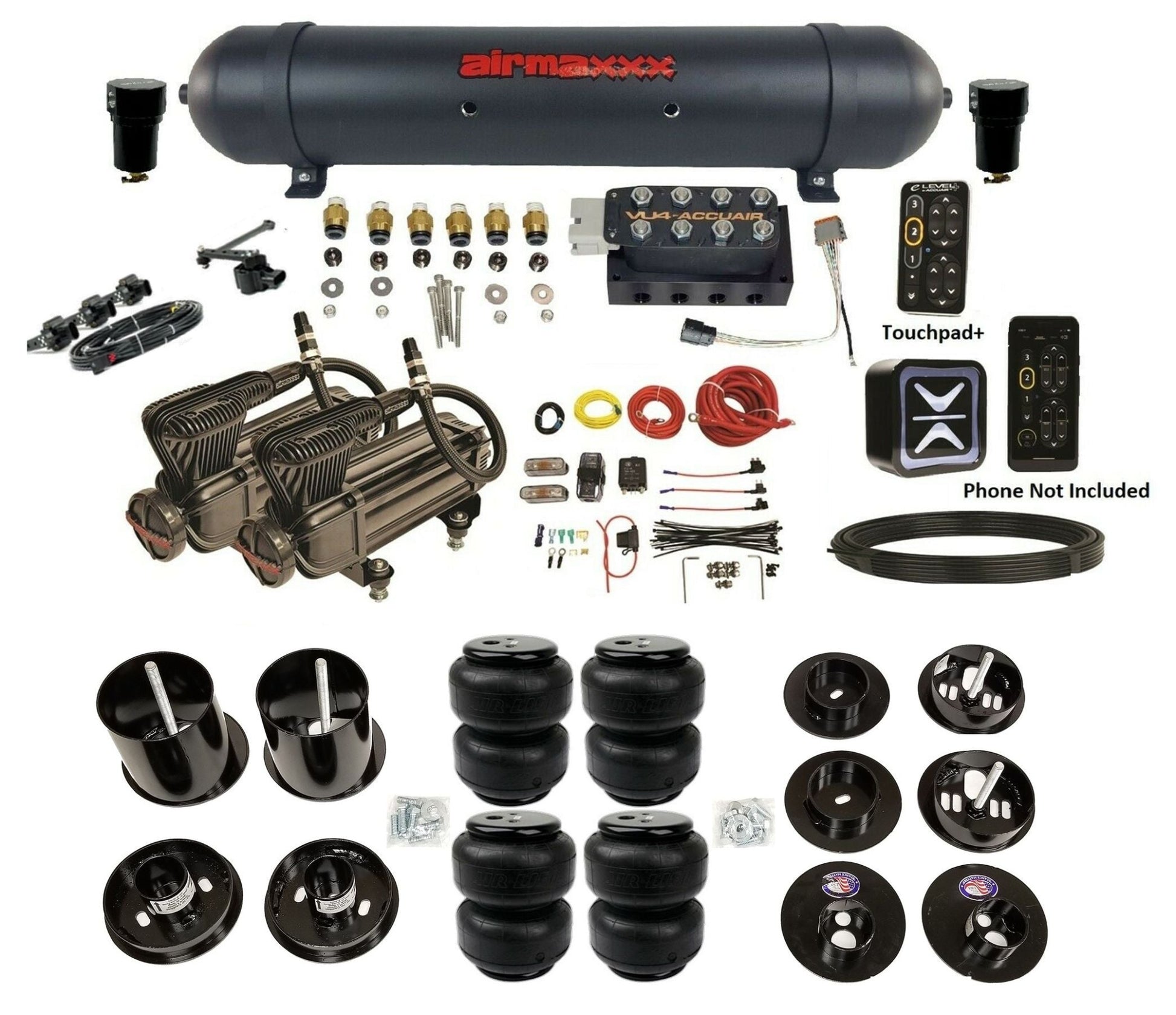 accuair e connect vu4 height plus x series aluminum tank air lift bags air ride kit for 1965 1970 cadillac KCAD65-X2B-57ABK-VU4EHT-WK-HFD25