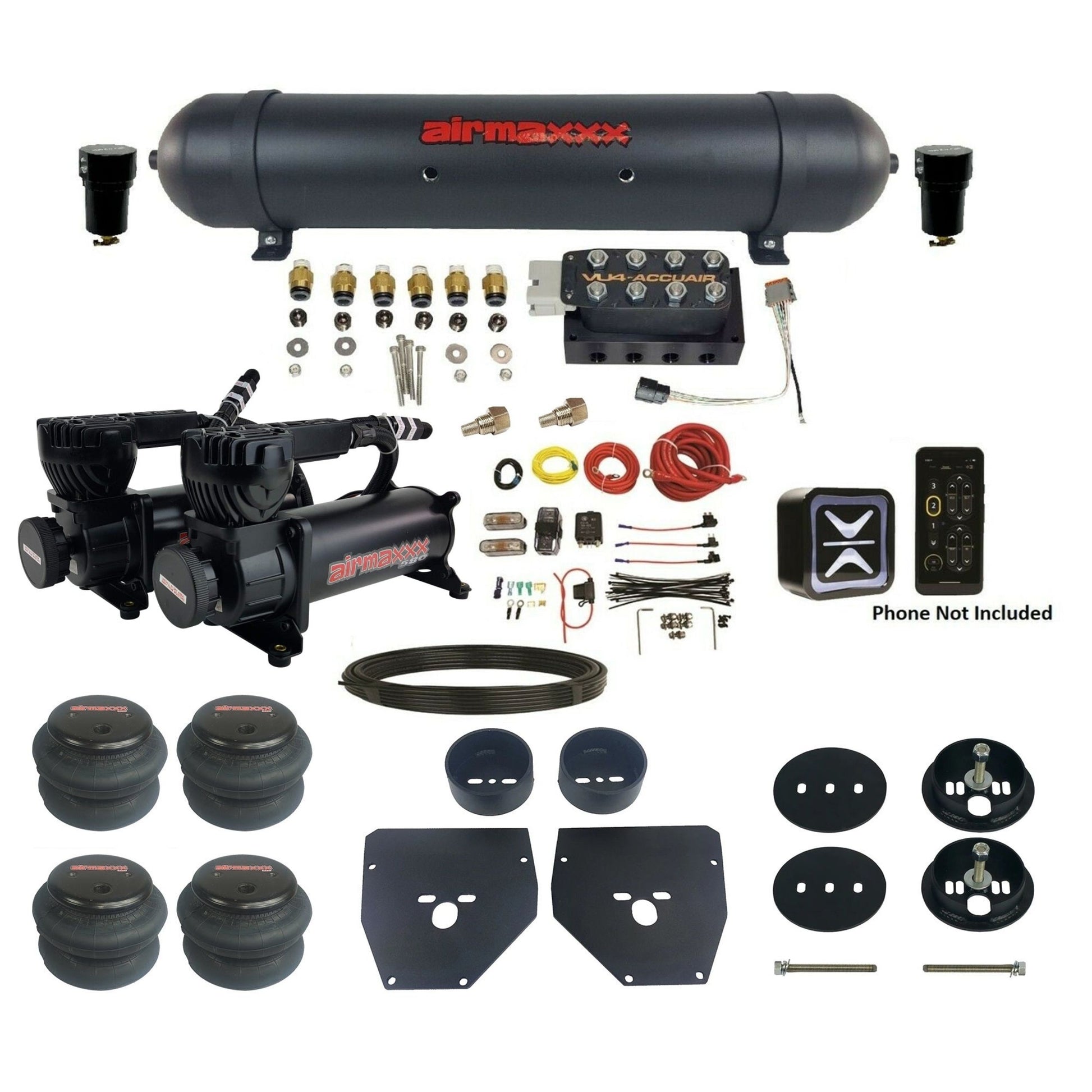 accuair e+ connect vu4 wireless dual 580 black compressors aluminum tank 2600 bags air ride kit for 1963-1972 chevy c10 KC1063-580B2-57ABK-VU4E-WK-HF