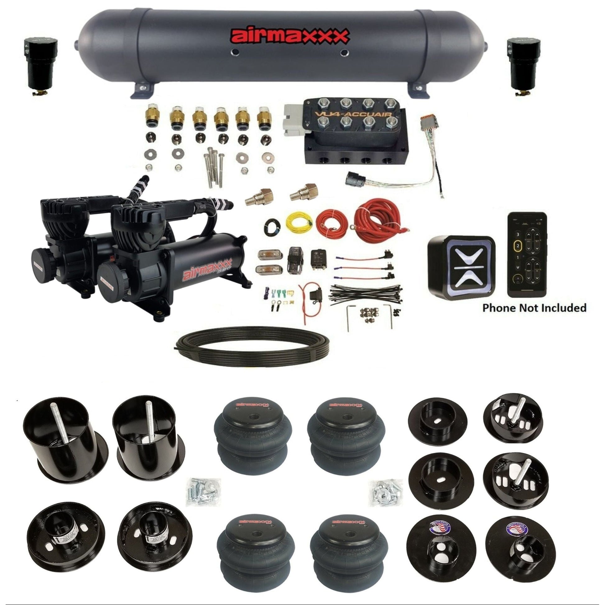 accuair e+ connect vu4 wireless dual 580 black compressors aluminum tank 2600 bags air ride kit for 1965-1970 cadillac KCAD65-580B2-57ABK-VU4E-WK-HF
