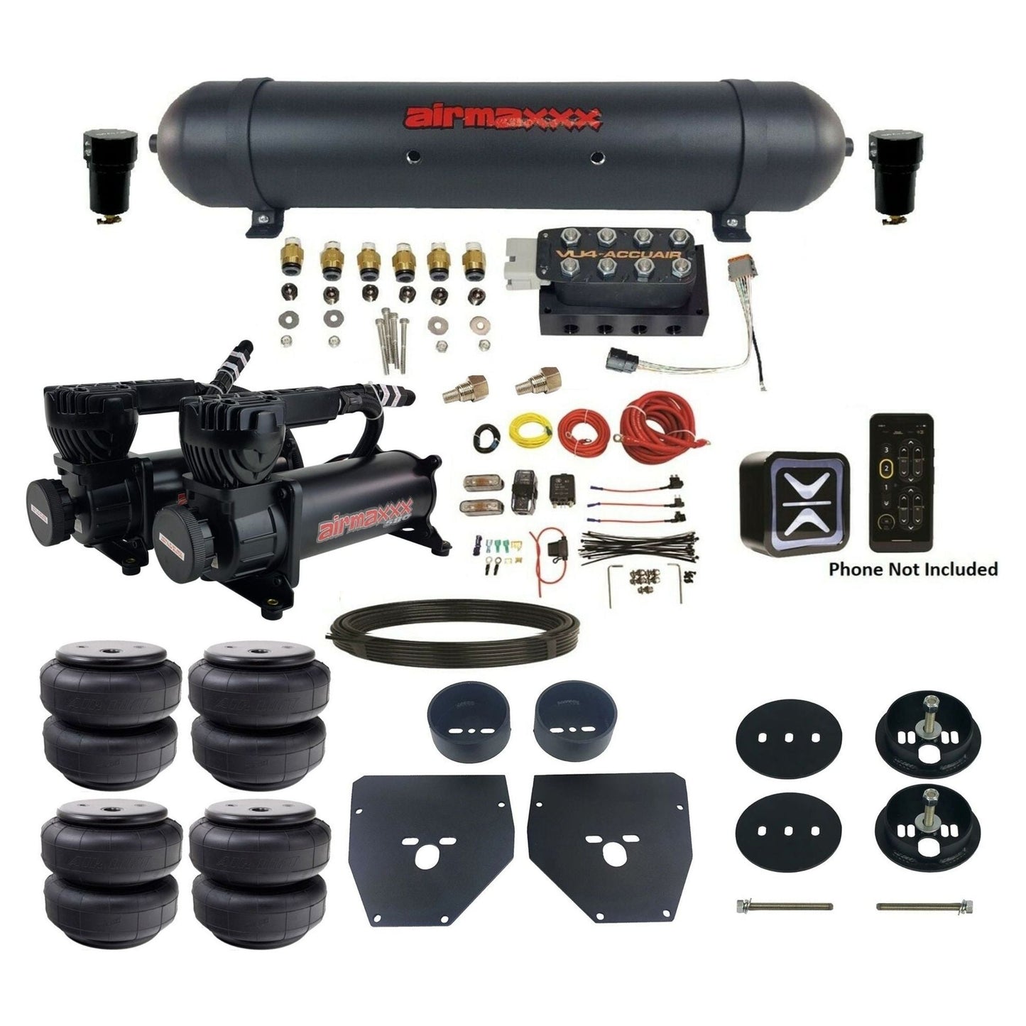 accuair e+ connect vu4 wireless dual 580 black compressors aluminum tank airlift bags air ride kit for 1963-1972 chevy c10 KC1063-580B2-57ABK-VU4E-WK-HFD26
