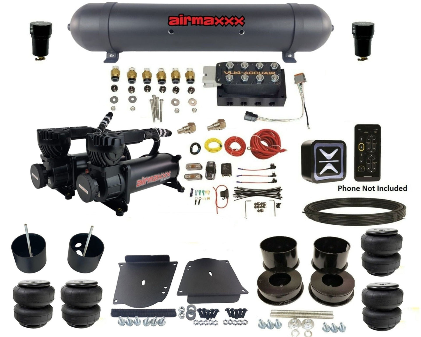 accuair e+ connect vu4 wireless dual 580 black compressors aluminum tank & airlift bags air ride kit for 1964-1972 gm a-body KABDY-580B2-57ABK-VU4E-WK-HFD25