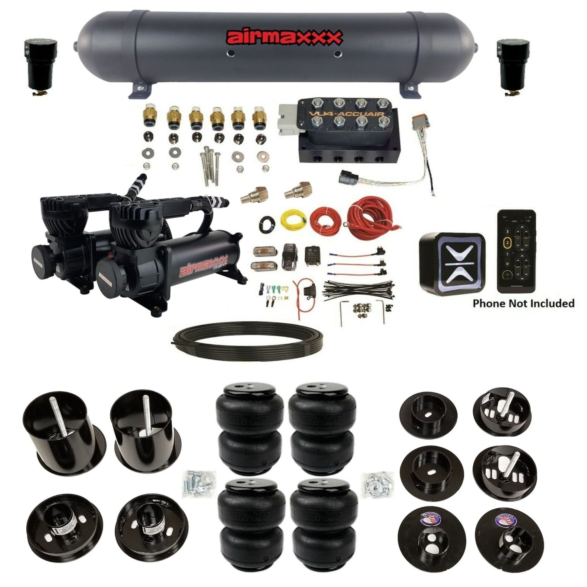 accuair e+ connect vu4 wireless dual 580 black compressors aluminum tank airlift bags air ride kit for 1965-1970 cadillac KCAD65-580B2-57ABK-VU4E-WK-HFD25