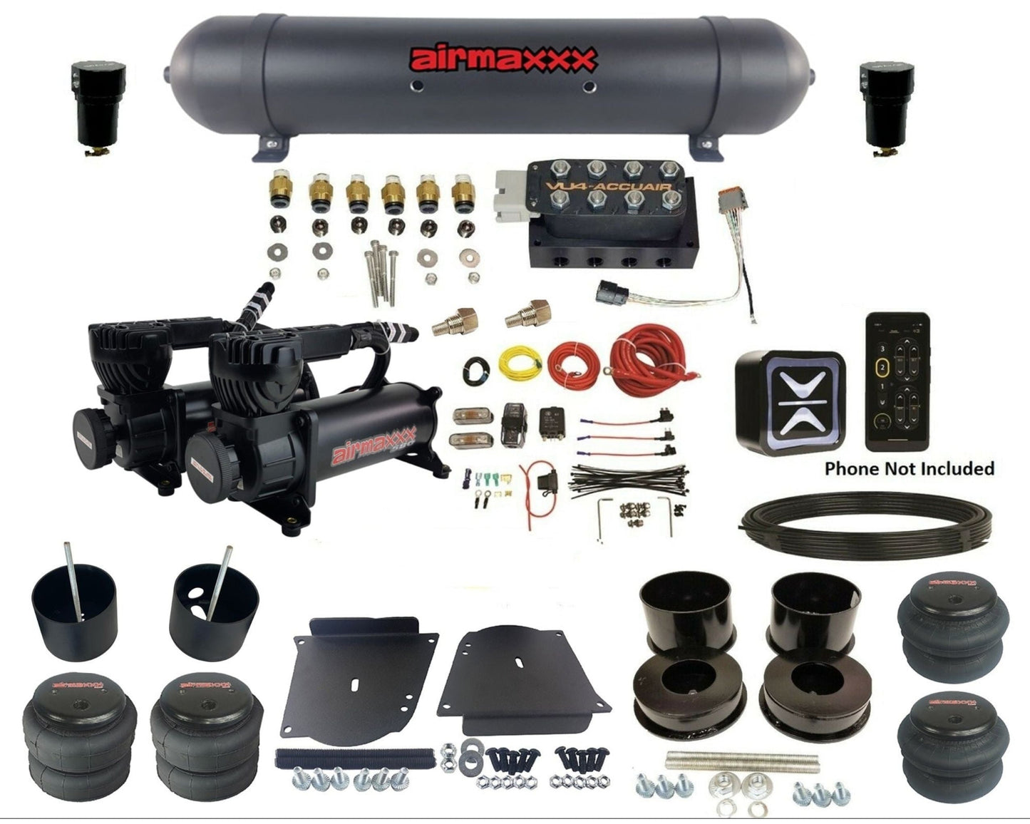 accuair e+ connect vu4 wireless dual 580 black compressors aluminum tank & bags air ride kit for 1964-1972 gm a-body KABDY-580B2-57ABK-VU4E-WK-HF