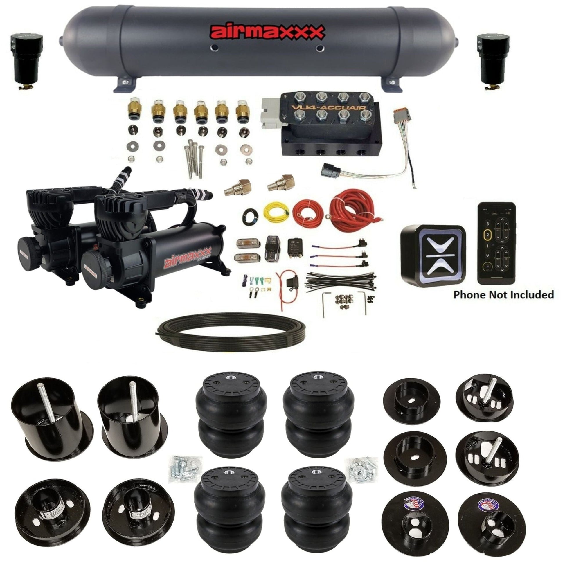 accuair e+ connect vu4 wireless dual 580 black compressors aluminum tank slam bags air ride kit for 1965-1970 cadillac KCAD65-580B2-57ABK-VU4E-WK-HFSS7