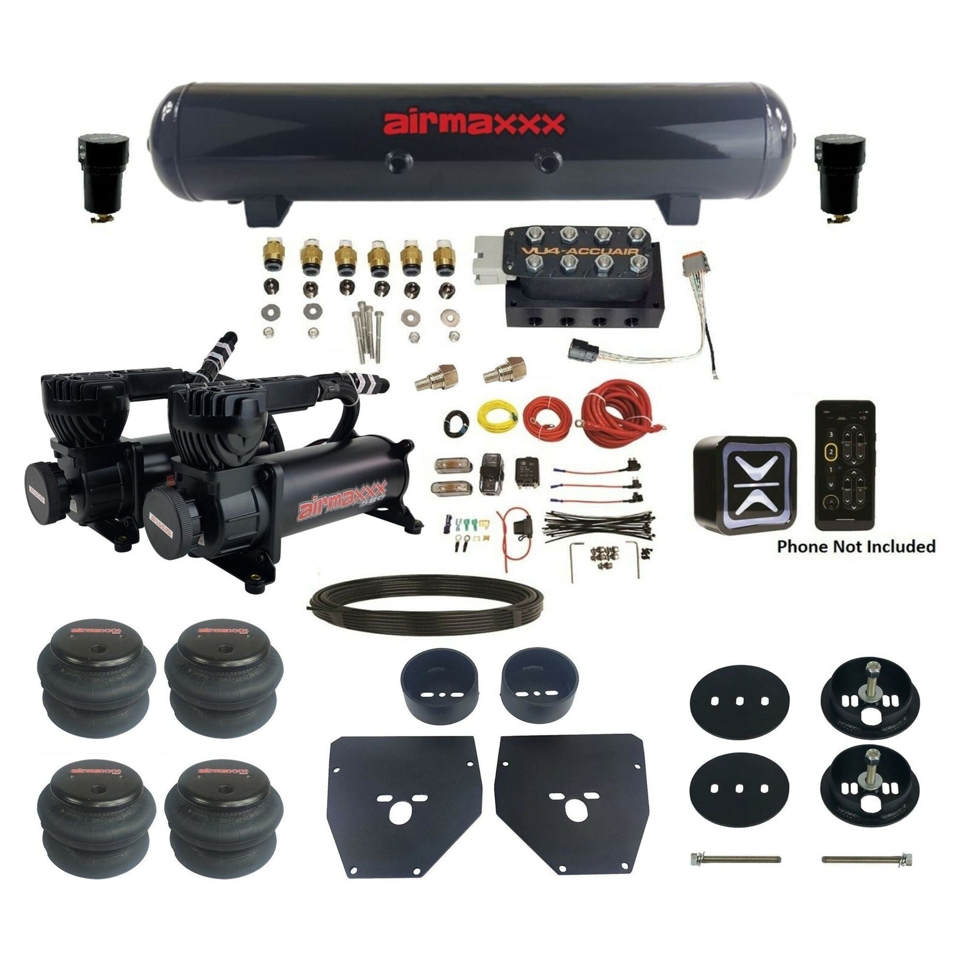 accuair e+ connect vu4 wireless dual 580 black compressors steel tank 2600 bags air ride kit for 1963-1972 chevy c10 KC1063-580B2-57S-VU4E-WK-HF