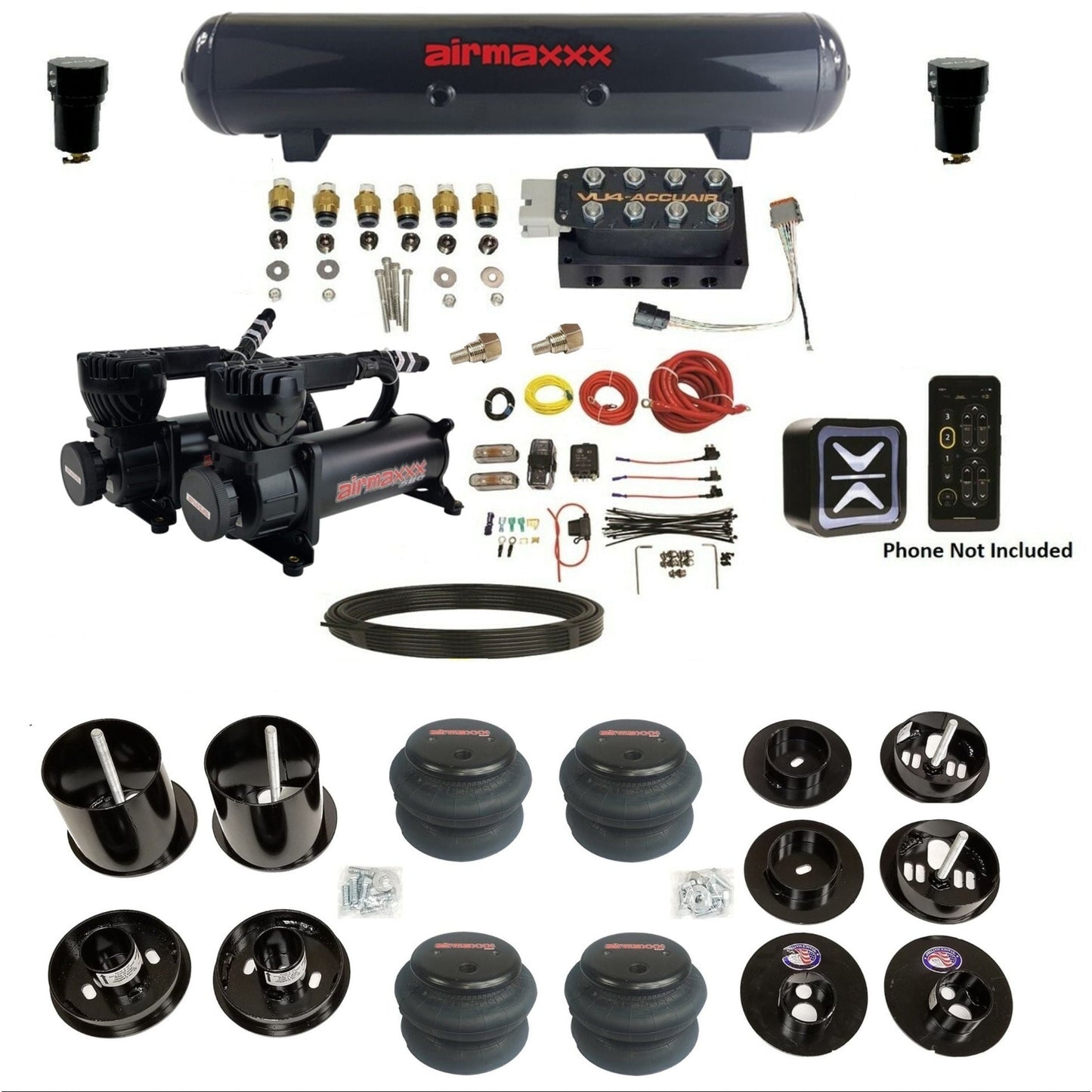 accuair e+ connect vu4 wireless dual 580 black compressors steel tank 2600 bags air ride kit for 1965-1970 cadillac KCAD65-580B2-57S-VU4E-WK-HF