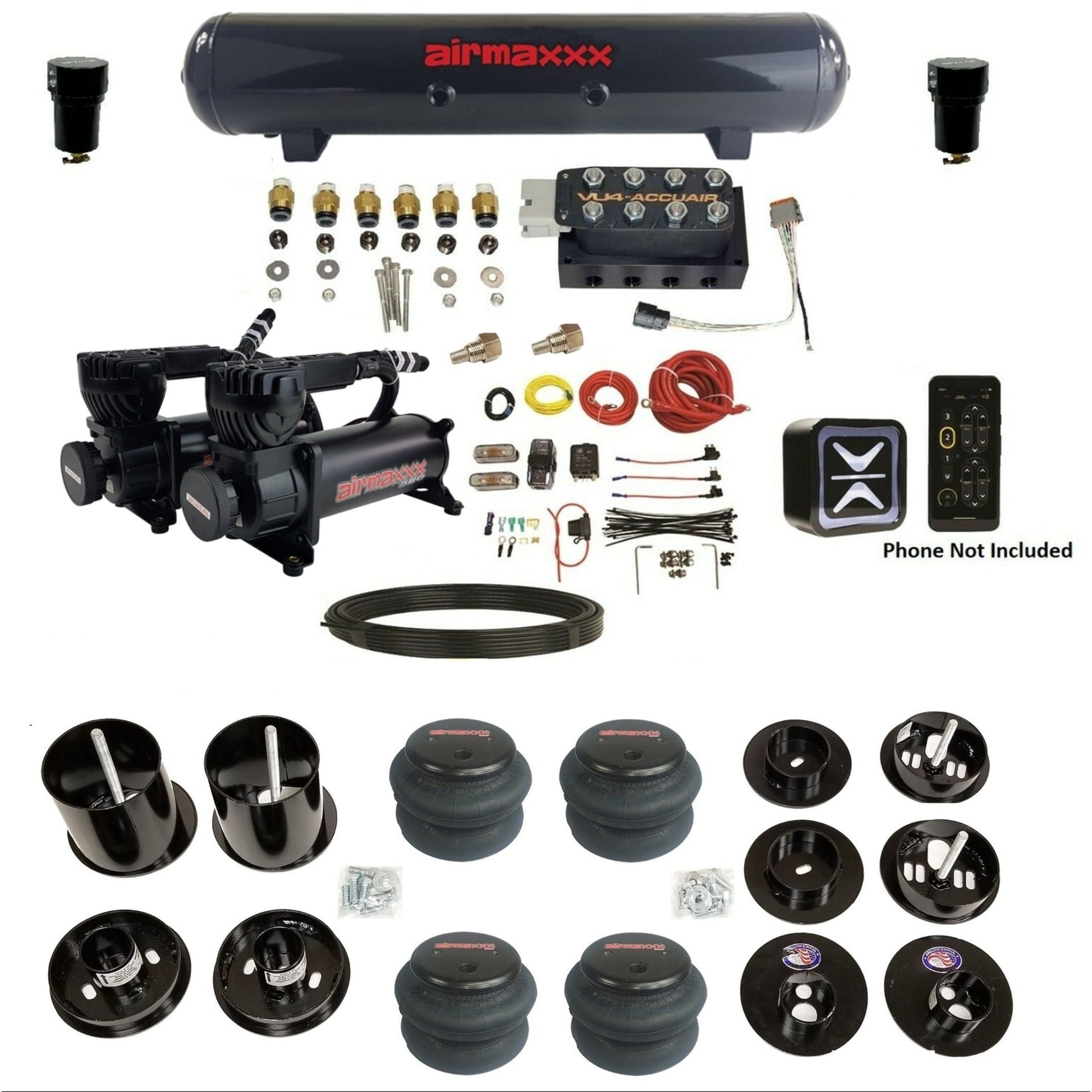 accuair e+ connect vu4 wireless dual 580 black compressors steel tank 2600 bags air ride kit for 1965-1970 cadillac KCAD65-580B2-57S-VU4E-WK-HF