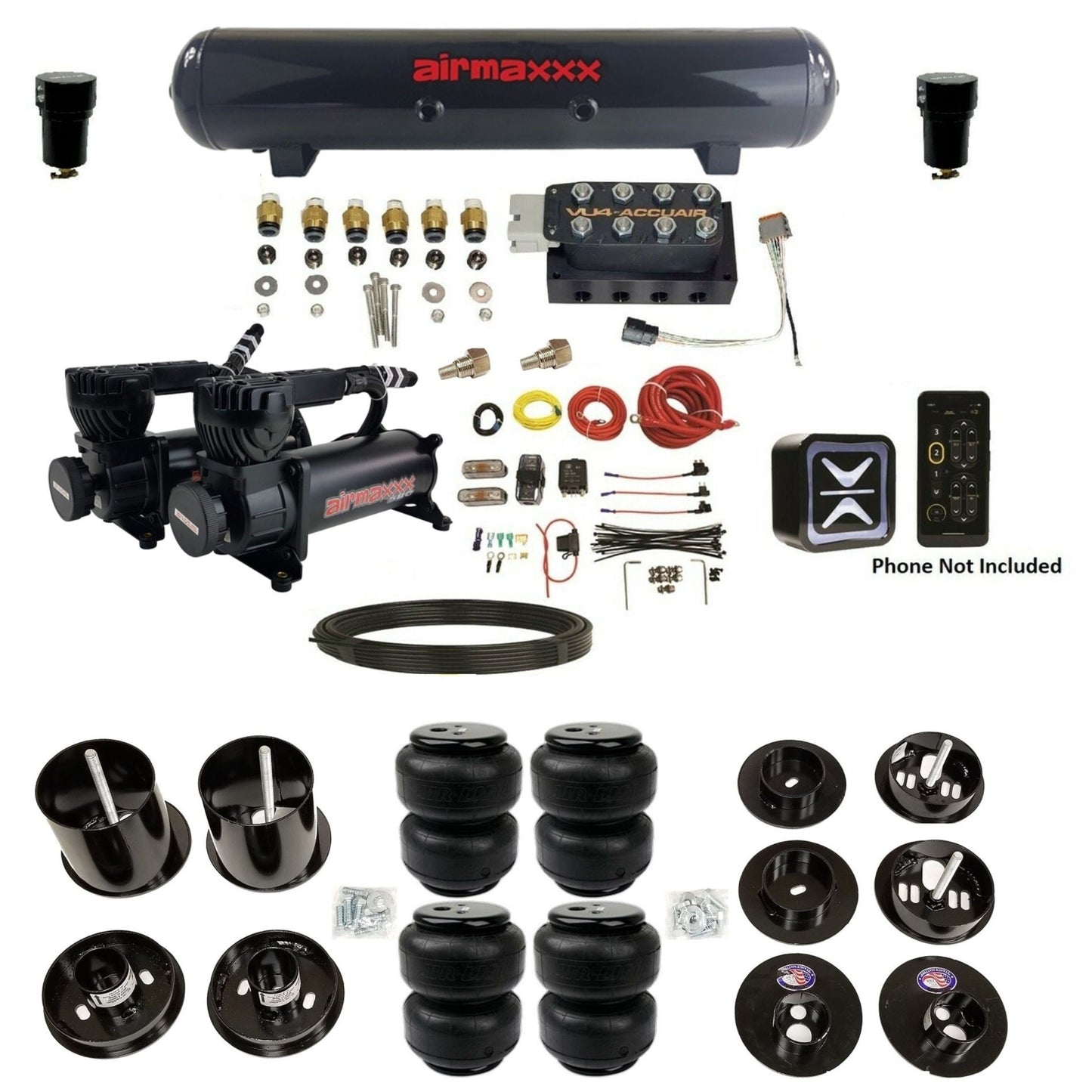 accuair e+ connect vu4 wireless dual 580 black compressors steel tank airlift bags air ride kit for 1965-1970 cadillac KCAD65-580B2-57S-VU4E-WK-HFD25 