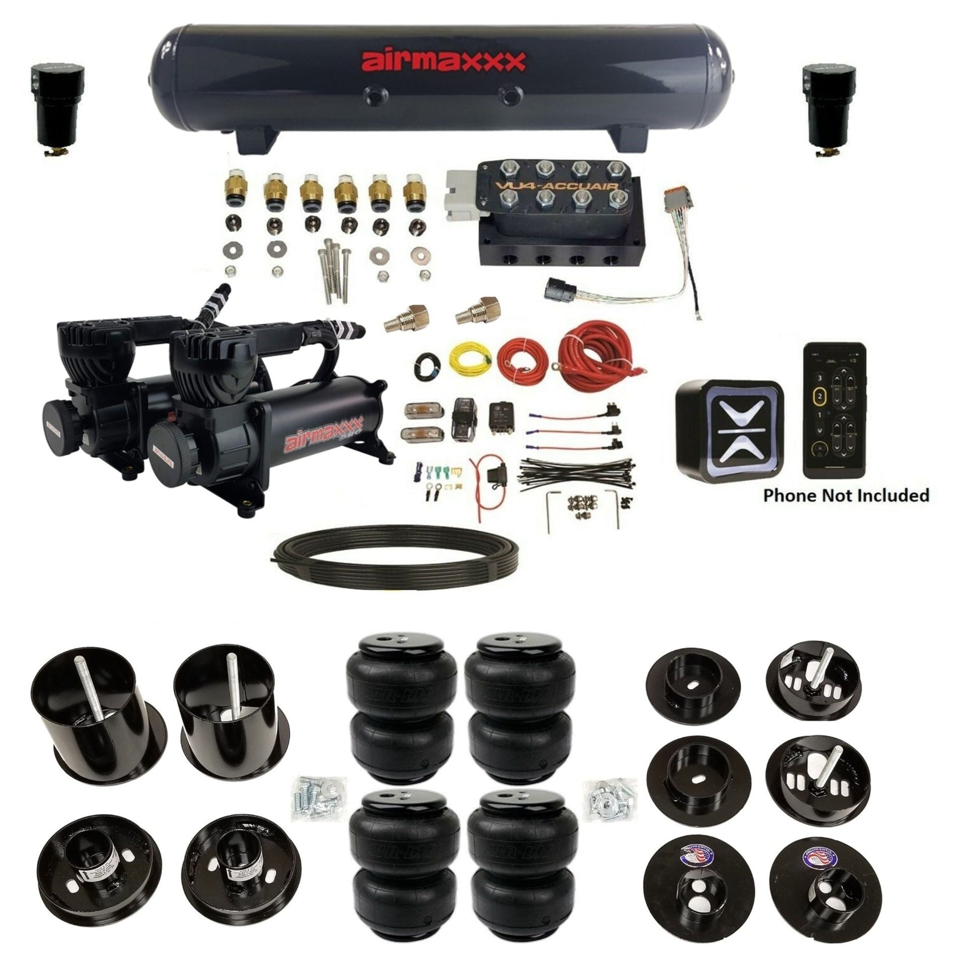 accuair e+ connect vu4 wireless dual 580 black compressors steel tank airlift bags air ride kit for 1965-1970 cadillac KCAD65-580B2-57S-VU4E-WK-HFD25 