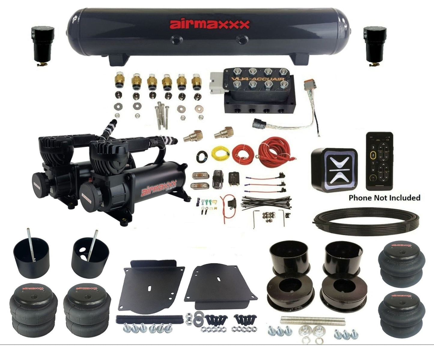 accuair e+ connect vu4 wireless dual 580 black compressors steel tank & bags air ride kit for 1964-1972 gm a-body KABDY-580B2-57S-VU4E-WK-HF