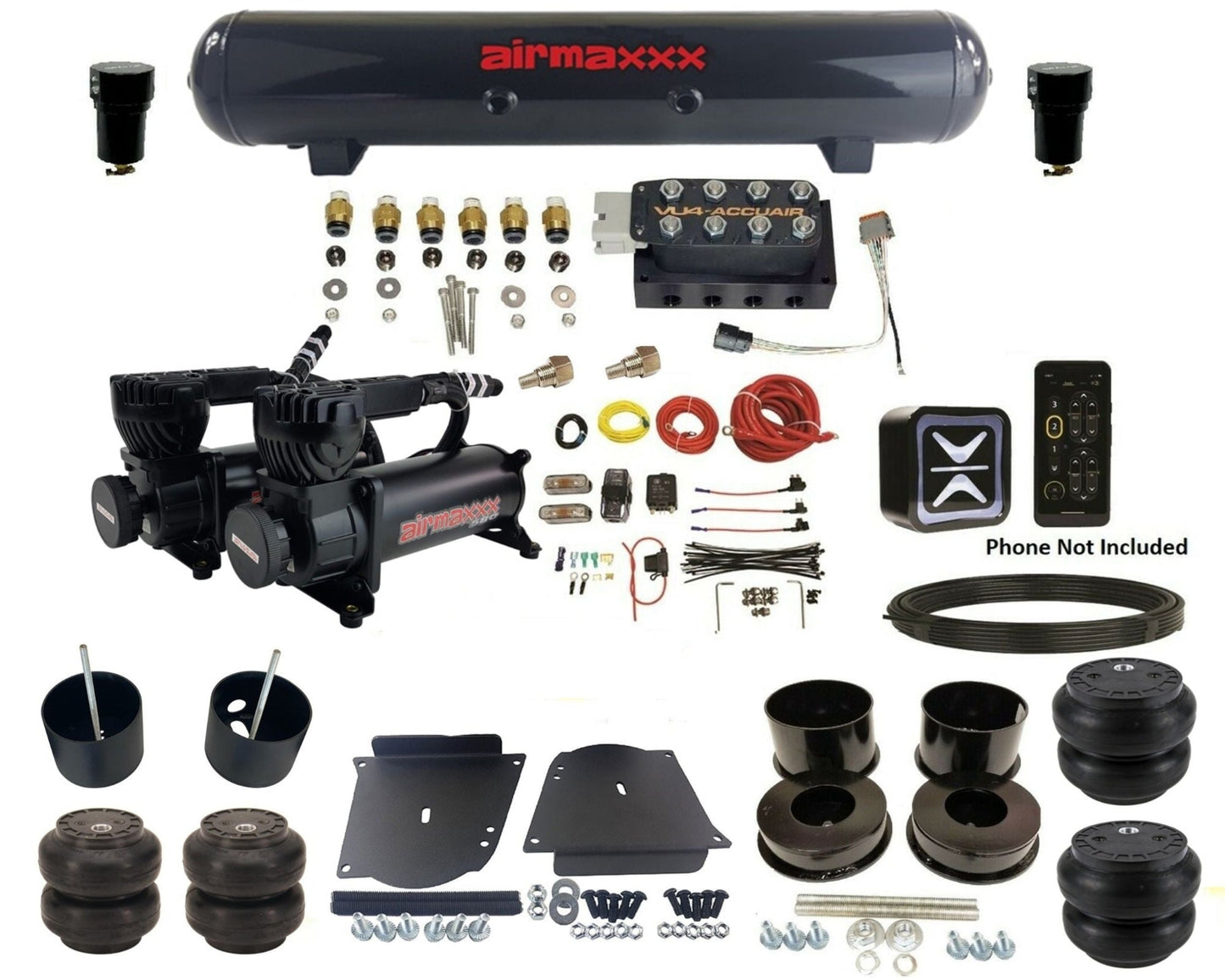 accuair e+ connect vu4 wireless dual 580 black compressors steel tank & slam bags air ride kit for 1964-1972 gm a-body KABDY-580B2-57S-VU4E-WK-HFSS6SS7