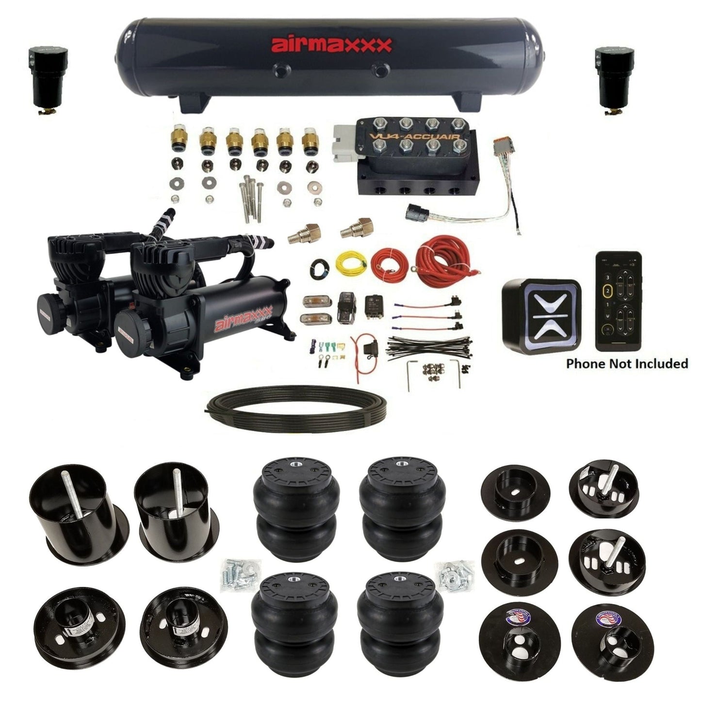 accuair e+ connect vu4 wireless dual 580 black compressors steel tank slam bags air ride kit for 1965-1970 cadillac KCAD65-580B2-57S-VU4E-WK-HFSS7