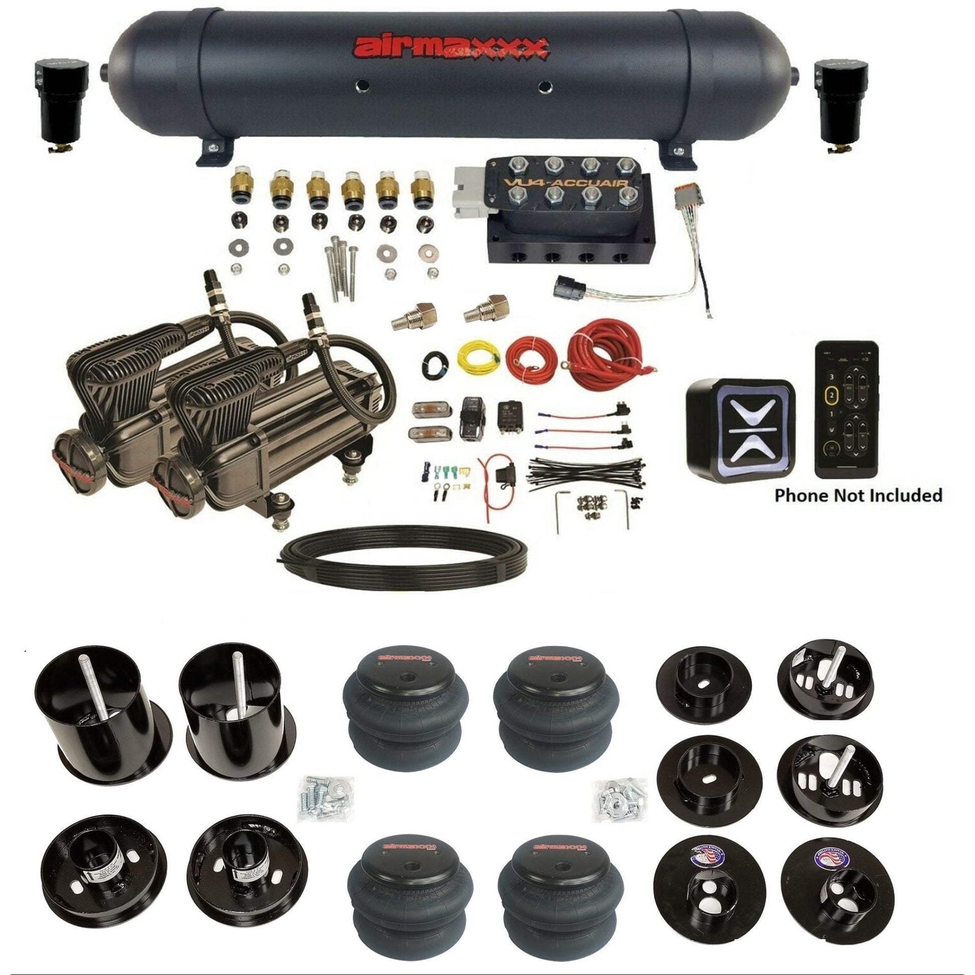 accuair e+ connect vu4 wireless dual x-series compressors aluminum tank 2600 bags air ride kit for 1965-1970 cadillac KCAD65-X2B-57ABK-VU4E-WK-HF