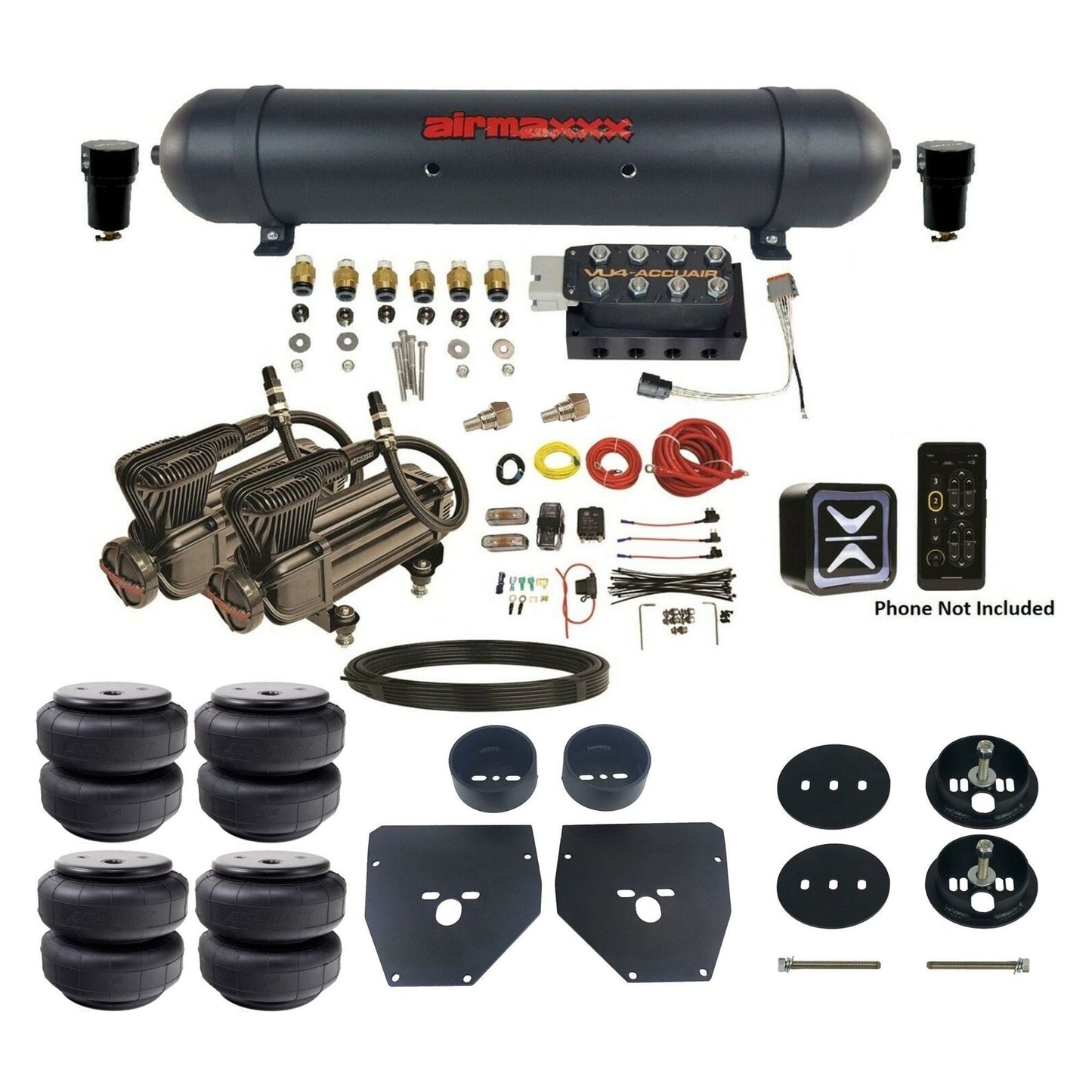 accuair e+ connect vu4 wireless dual x-series compressors aluminum tank airlift bags air ride kit for 1963-1972 chevy c10 KC1063-X2B-57ABK-VU4E-WK-HFD26