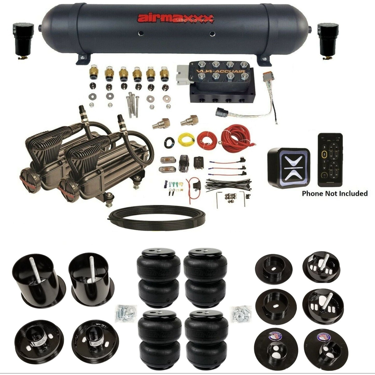 accuair e+ connect vu4 wireless dual x-series compressors aluminum tank airlift bags air ride kit for 1965-1970 cadillac KCAD65-X2B-57ABK-VU4E-WK-HFD25 