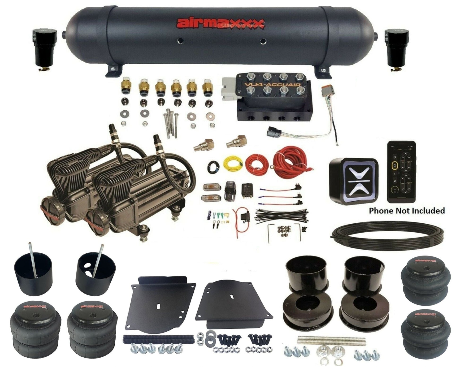 accuair e+ connect vu4 wireless dual x-series compressors aluminum tank & bags air ride kit for 1964-1972 gm a-body KABDY-X2B-57ABK-VU4E-WK-HF