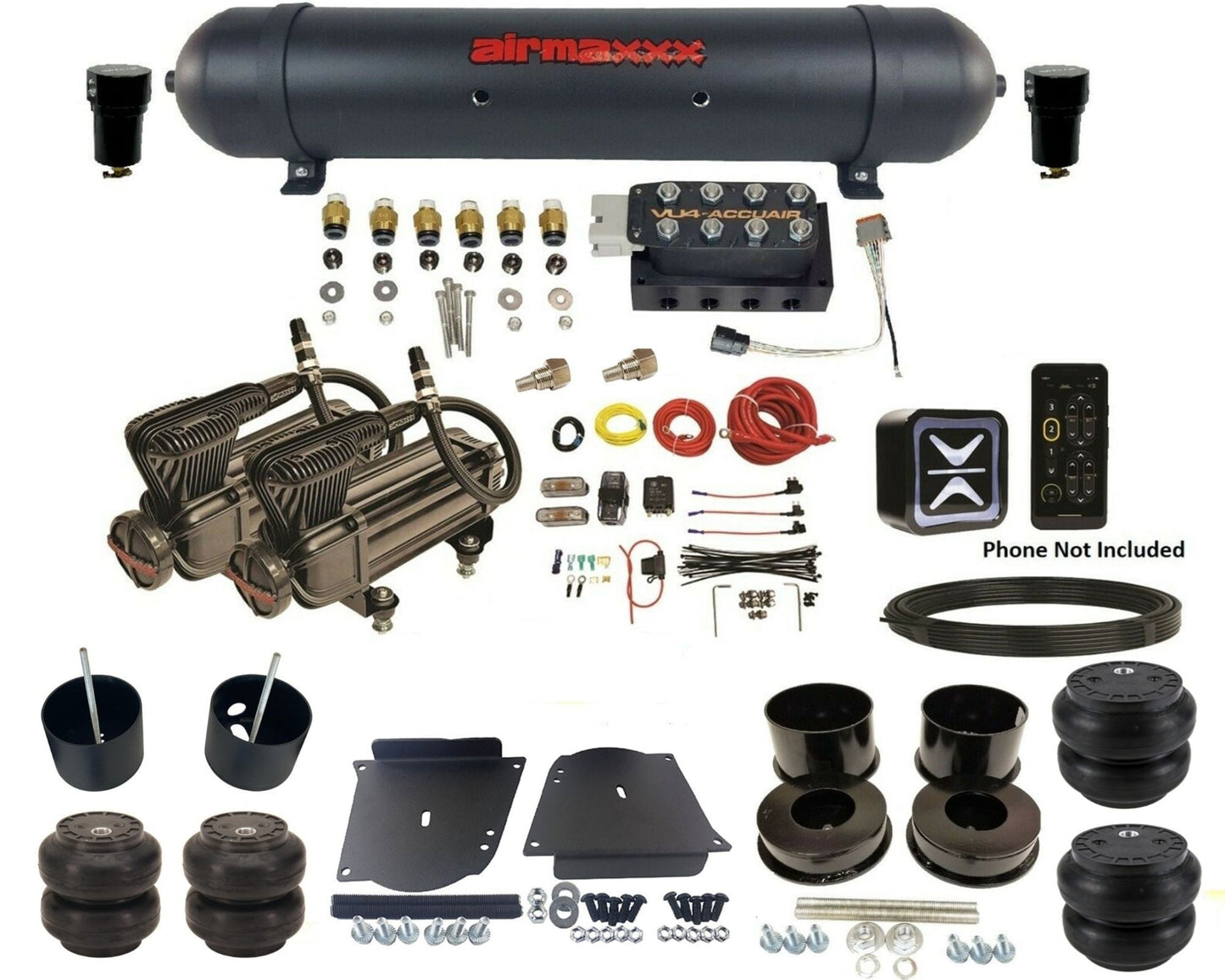 accuair e+ connect vu4 wireless dual x-series compressors aluminum tank & slam bags air ride kit for 1964-1972 gm a-body KABDY-X2B-57ABK-VU4E-WK-HFSS6SS7
