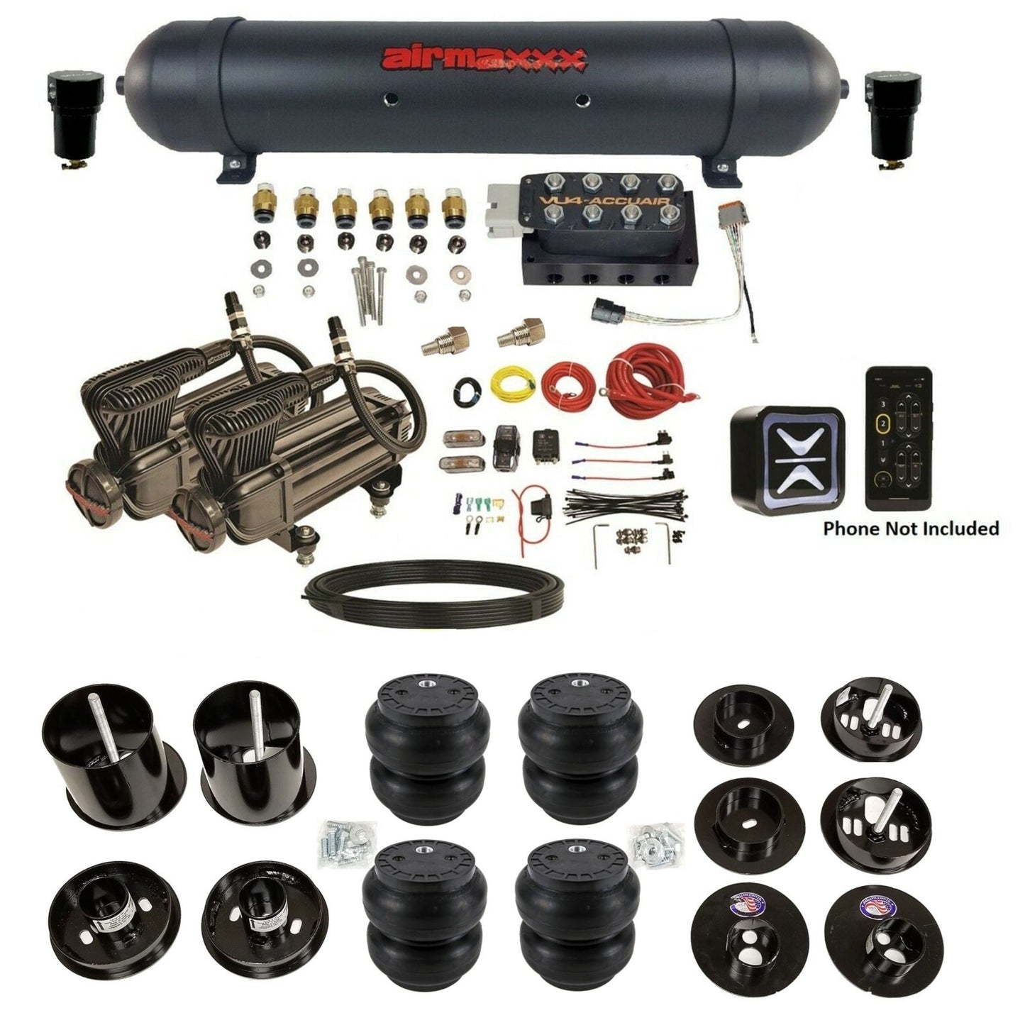 accuair e+ connect vu4 wireless dual x-series compressors aluminum tank slam bags air ride kit for 1965-1970 cadillac KCAD65-X2B-57ABK-VU4E-WK-HFSS7
