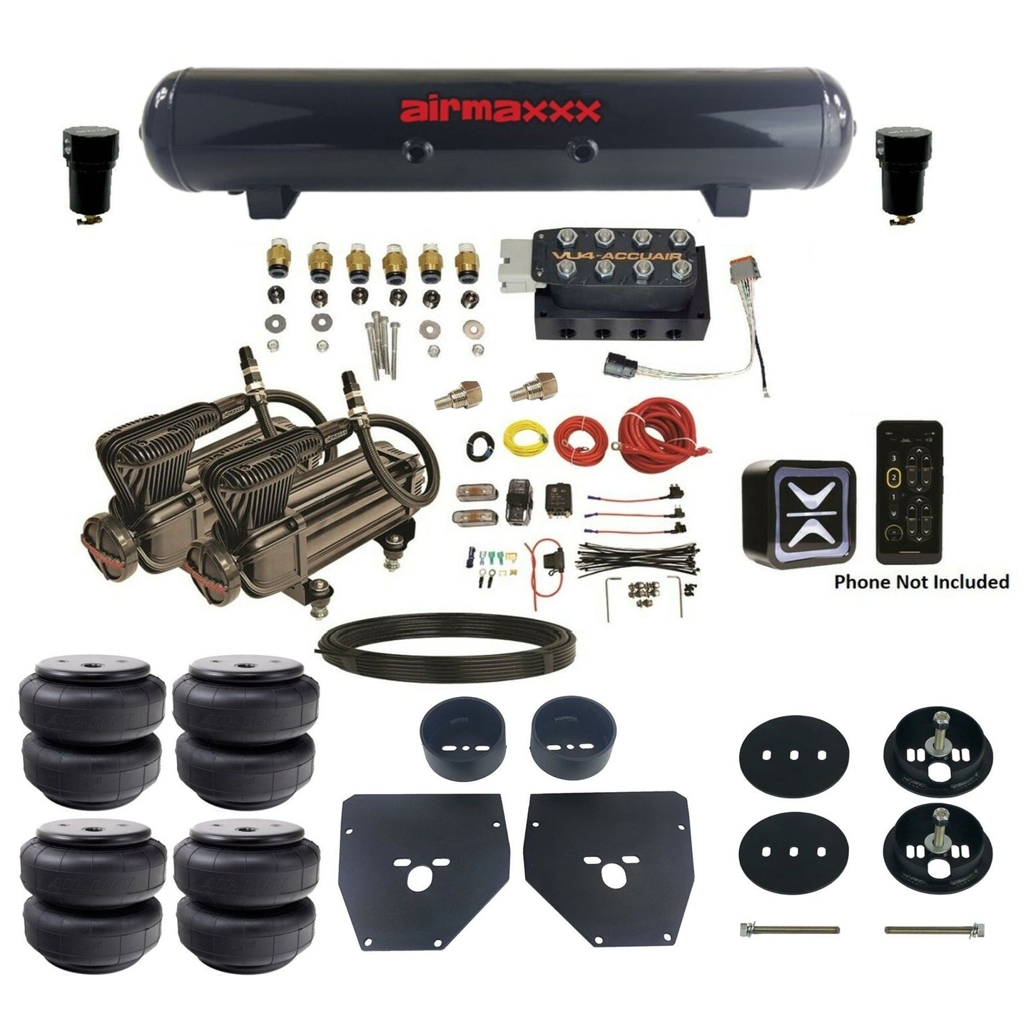 accuair e+ connect vu4 wireless dual x-series compressors steel tank airlift bags air ride kit for 1963-1972 chevy c10  KC1063-X2B-57S-VU4E-WK-HFD26