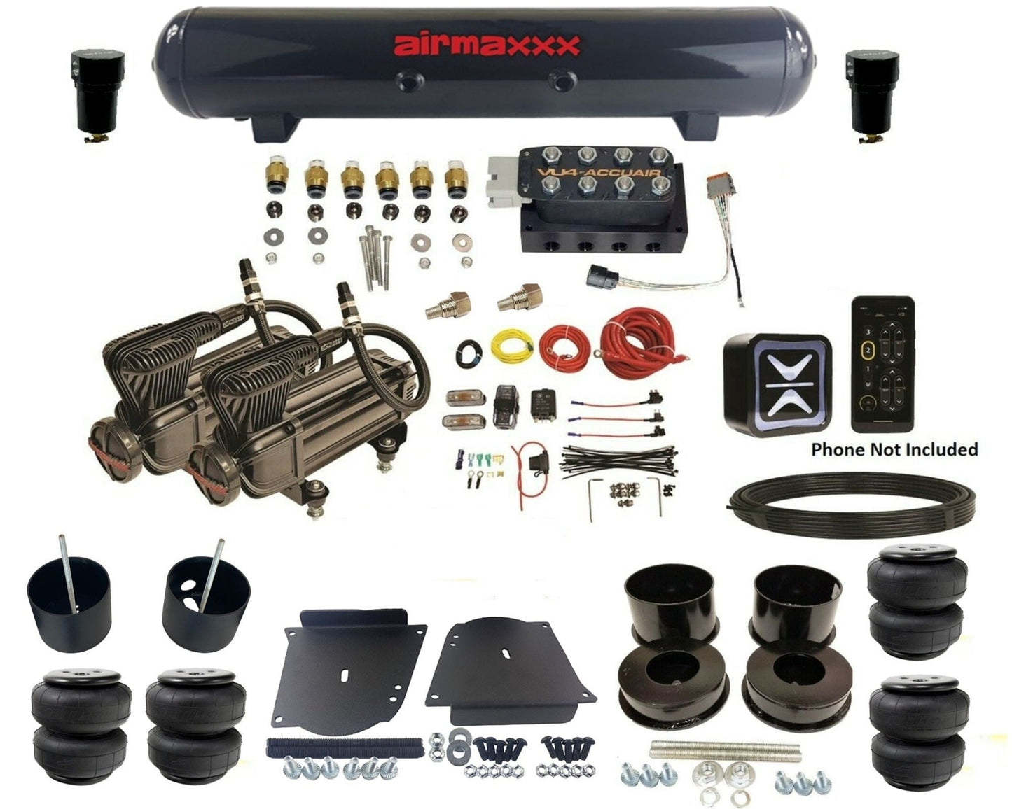 accuair e+ connect vu4 wireless dual x-series compressors steel tank & airlift  bags air ride kit for 1964-1972 gm a-body KABDY-X2B-57S-VU4E-WK-HFD25
