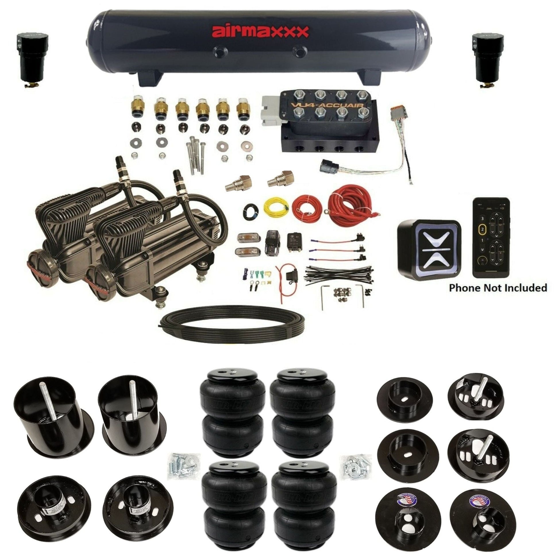 accuair e+ connect vu4 wireless dual x-series compressors steel tank airlift bags air ride kit for 1965-1970 cadillac KCAD65-X2B-57S-VU4E-WK-HFD25
