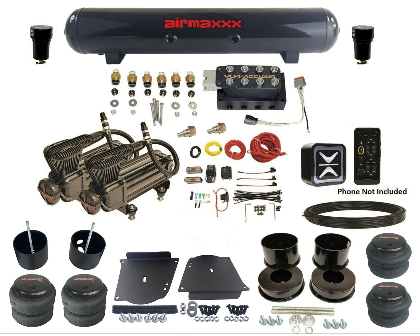 accuair e+ connect vu4 wireless dual x-series compressors steel tank & bags air ride kit for 1964-1972 gm a-body KABDY-X2B-57S-VU4E-WK-HF