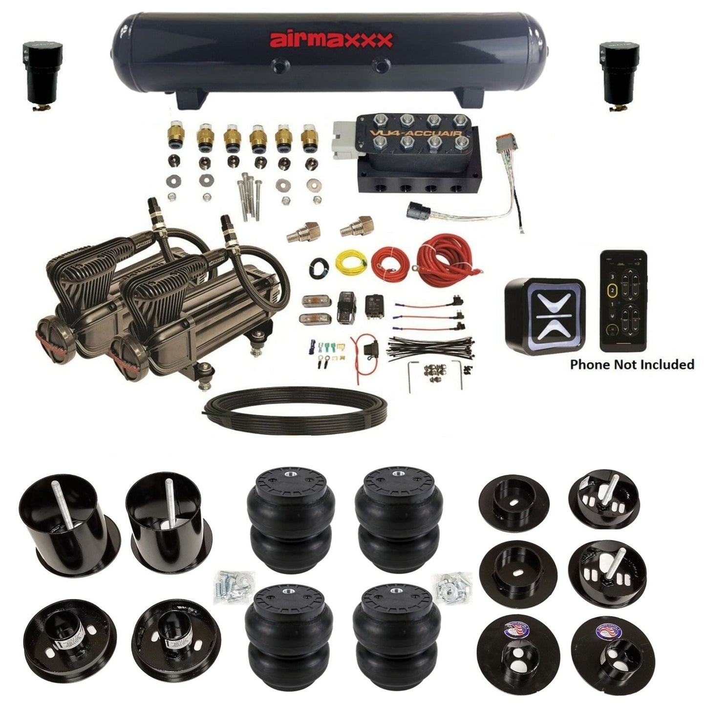 accuair e+ connect vu4 wireless dual x-series compressors steel tank slam bags air ride kit for 1965-1970 cadillac KCAD65-X2B-57S-VU4E-WK-HFSS7