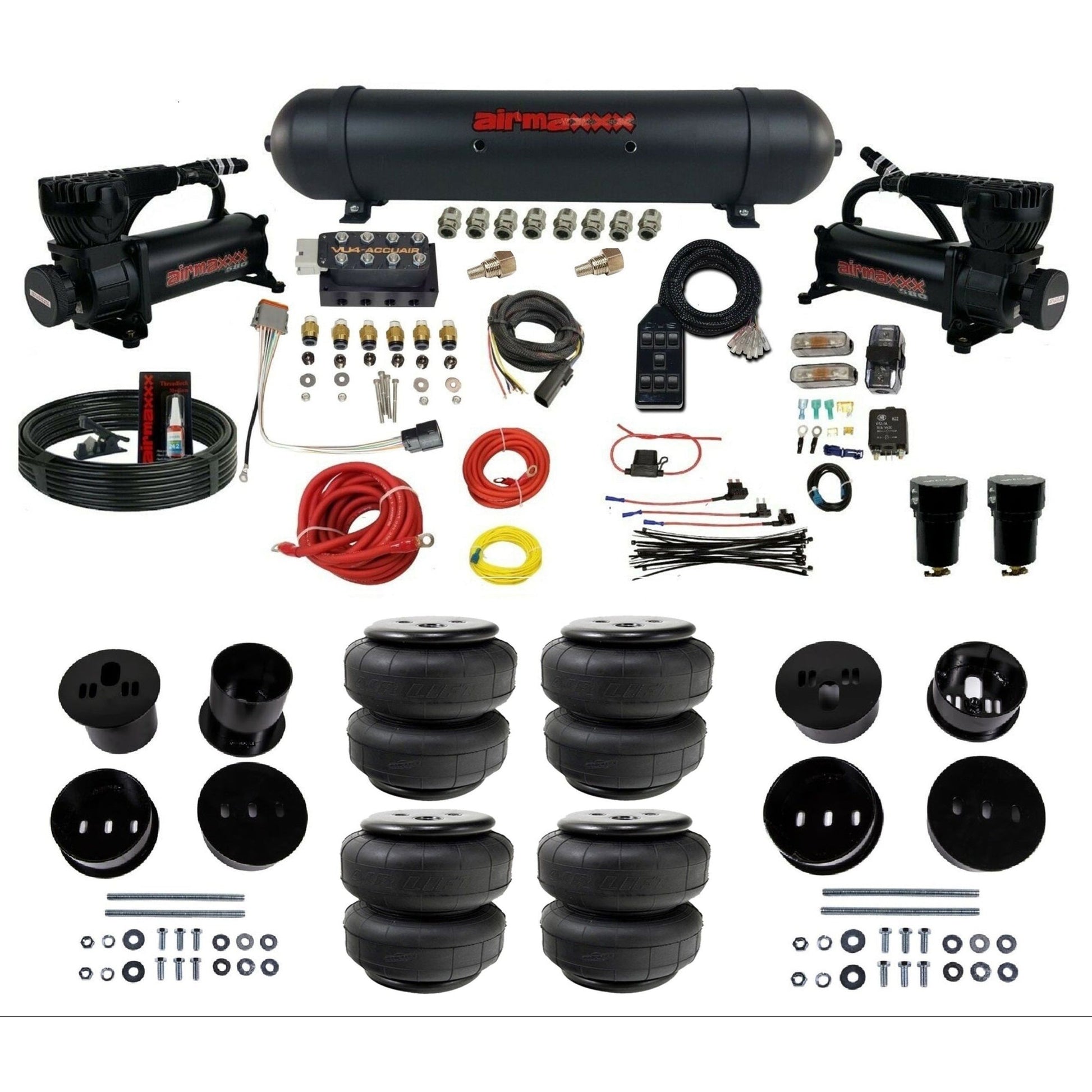 accuair vu4 dual 580 black compressors aluminum tank airlift bags air ride suspension kit for 1958-1960 cadillac KCAD58-580B2-57ABK-VU4-7BK-WK-HFD25