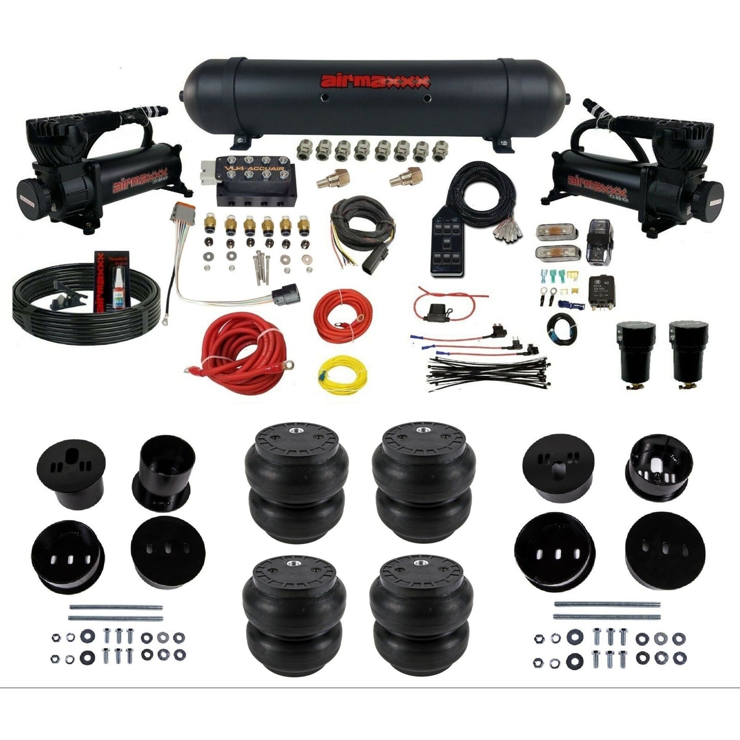 accuair vu4 dual 580 black compressors aluminum tank slam bags air ride suspension kit for 1958-1960 cadillac KCAD58-580B2-57ABK-VU4-7BK-WK-HFSS7
