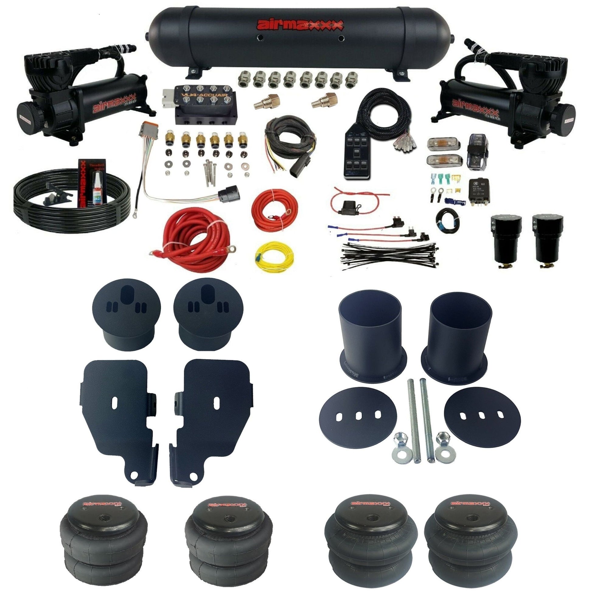 accuair vu4 dual black 580 compressors aluminum tank & bags air ride suspension kit for 1965-1970 chevy impala KIMP65-580B2-57ABK-VU4-7BK-WK-HF