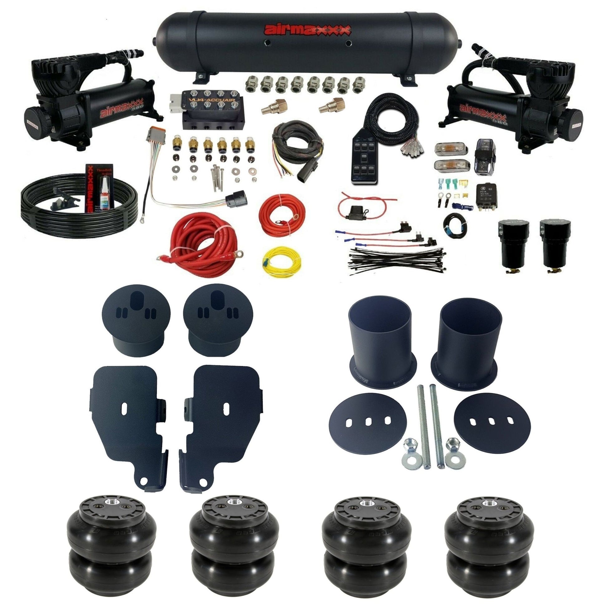 accuair vu4 dual black 580 compressors aluminum tank & slam bags air ride suspension kit for 1965-1970 chevy impala KIMP65-580B2-57ABK-VU4-7BK-WK-HFSS6