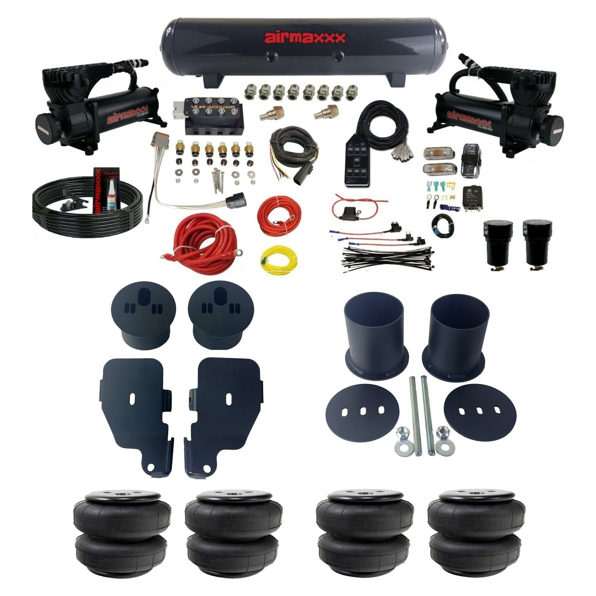 accuair vu4 dual black 580 compressors steel tank & airlift bags air ride suspension kit for 1965-1970 chevy impala KIMP65-580B2-57S-VU4-7BK-WK-HFD25