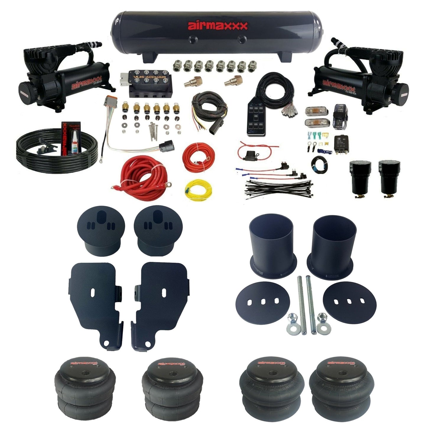 accuair vu4 dual black 580 compressors steel tank & bags air ride suspension kit for 1965-1970 chevy impala KIMP65-580B2-57S-VU4-7BK-WK-HF