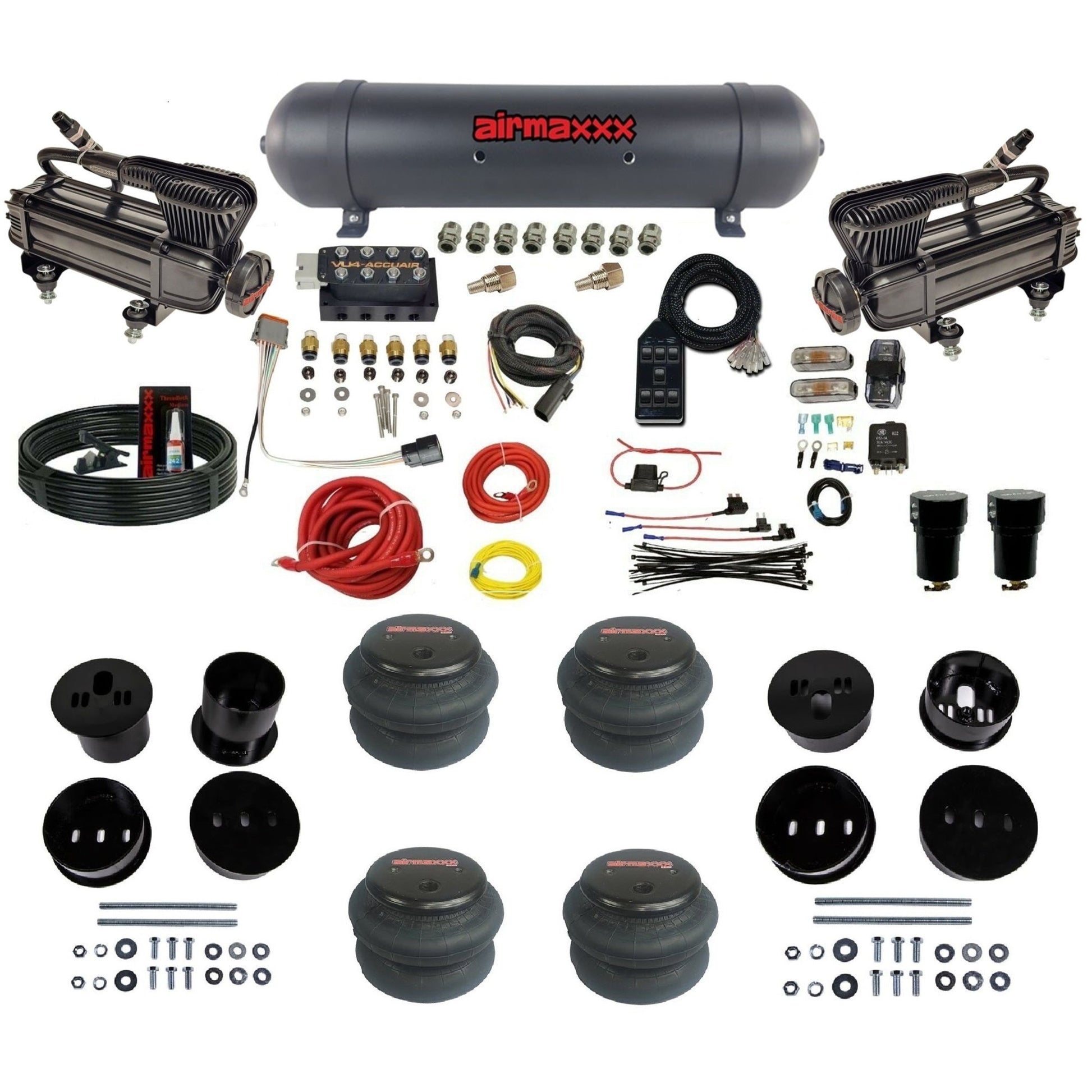 accuair vu4 dual x-series compressors aluminum tank 2600 bags air ride suspension kit for 1958-1960 cadillac KCAD58-XB2-57ABK-VU4-7BK-WK-HF