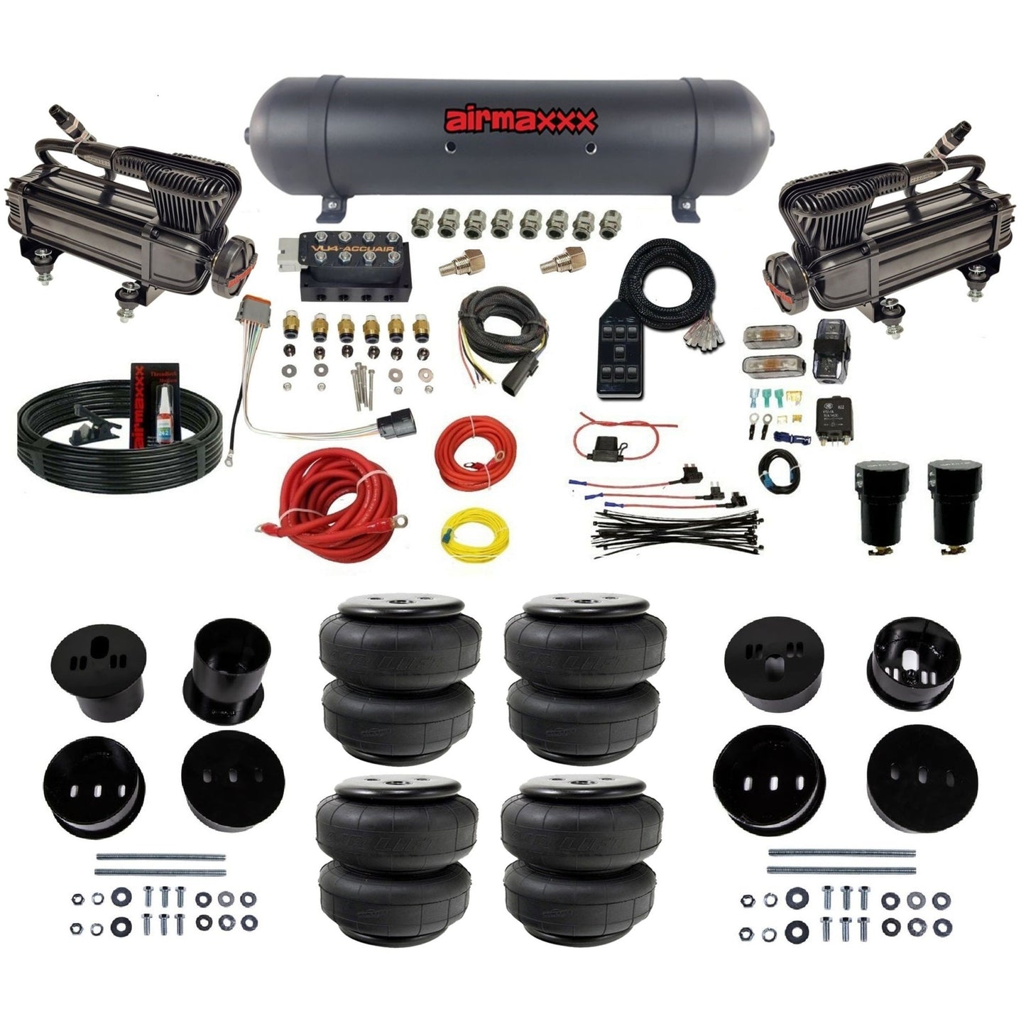 accuair vu4 dual x-series compressors aluminum tank airlift bags air ride suspension kit for 1958-1960 cadillac KCAD58-XB2-57ABK-VU4-7BK-WK-HFD25