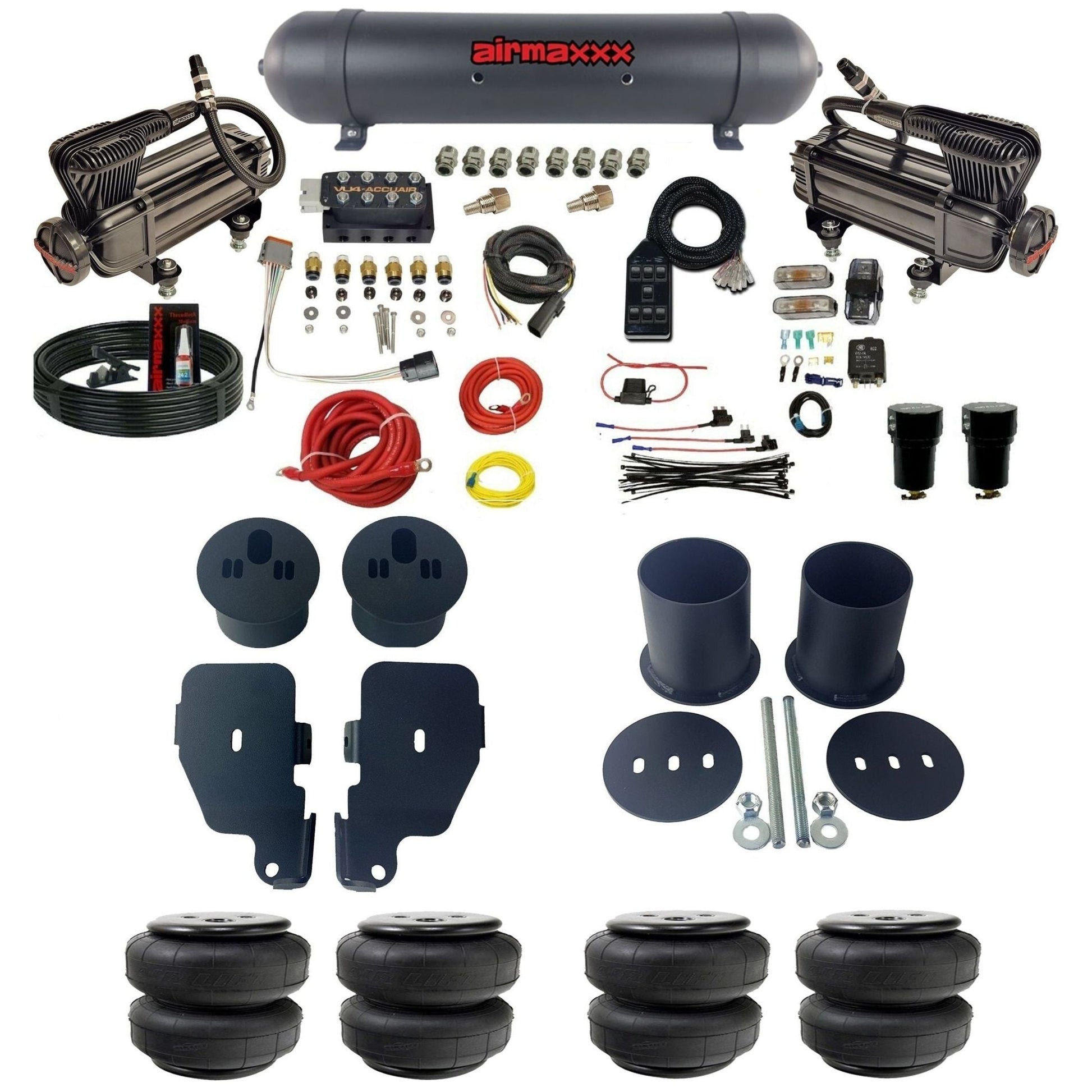 accuair vu4 dual x-series compressors aluminum tank & airlift bags air ride suspension kit for 1965-1970 chevy impala KIMP65-XB2-57ABK-VU4-7BK-WK-HFD25