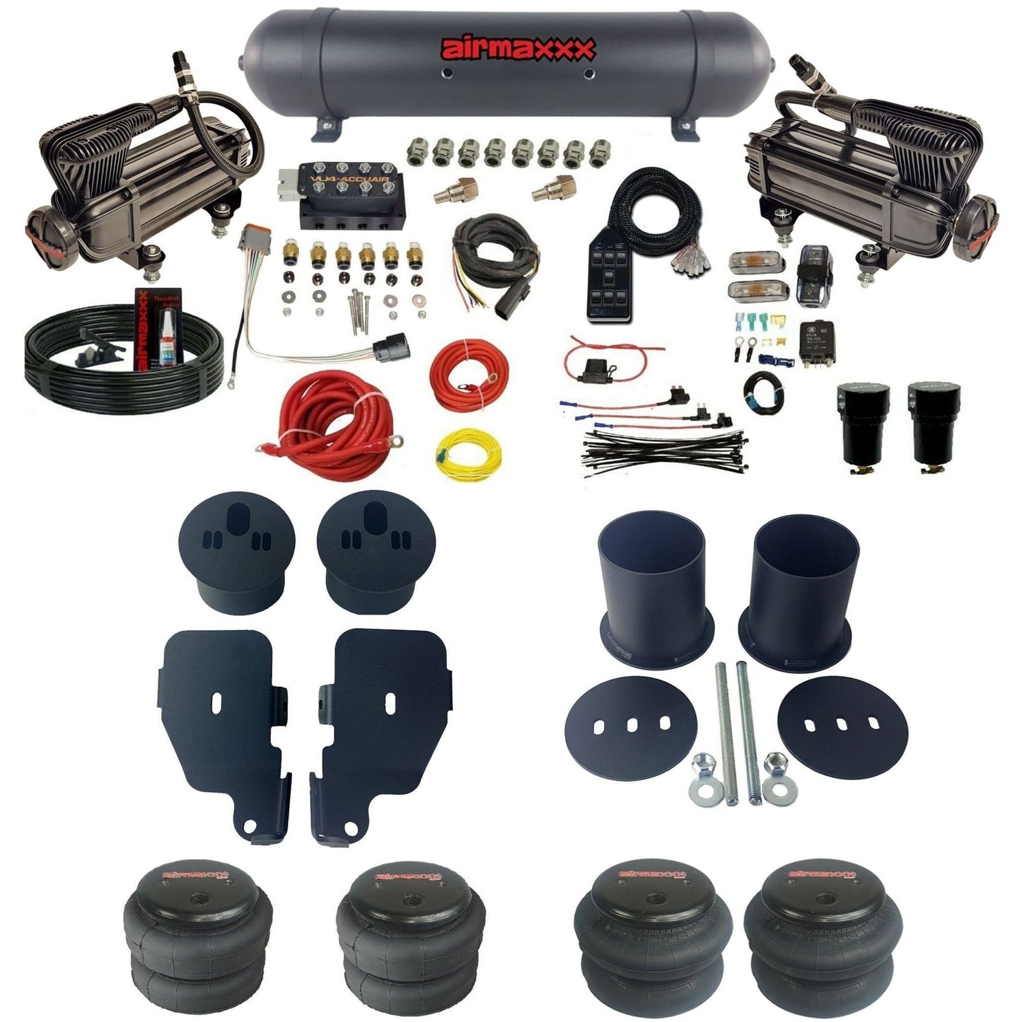 accuair vu4 dual x-series compressors aluminum tank & bags air ride suspension kit for 1965-1970 chevy impala KIMP65-XB2-57ABK-VU4-7BK-WK-HF