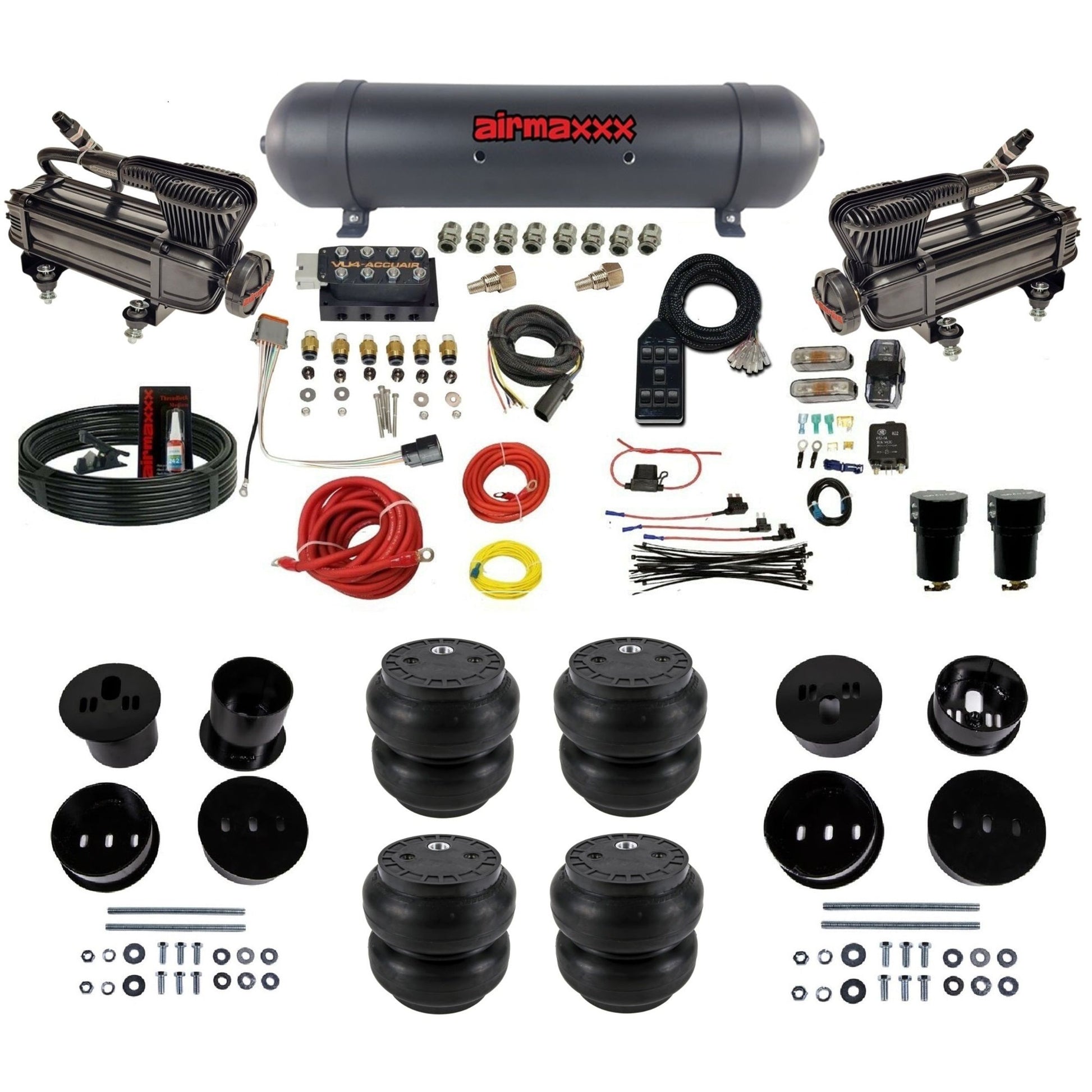 accuair vu4 dual x-series compressors aluminum tank slam bags air ride suspension kit for 1958-1960 cadillac KCAD58-XB2-57ABK-VU4-7BK-WK-HFSS7