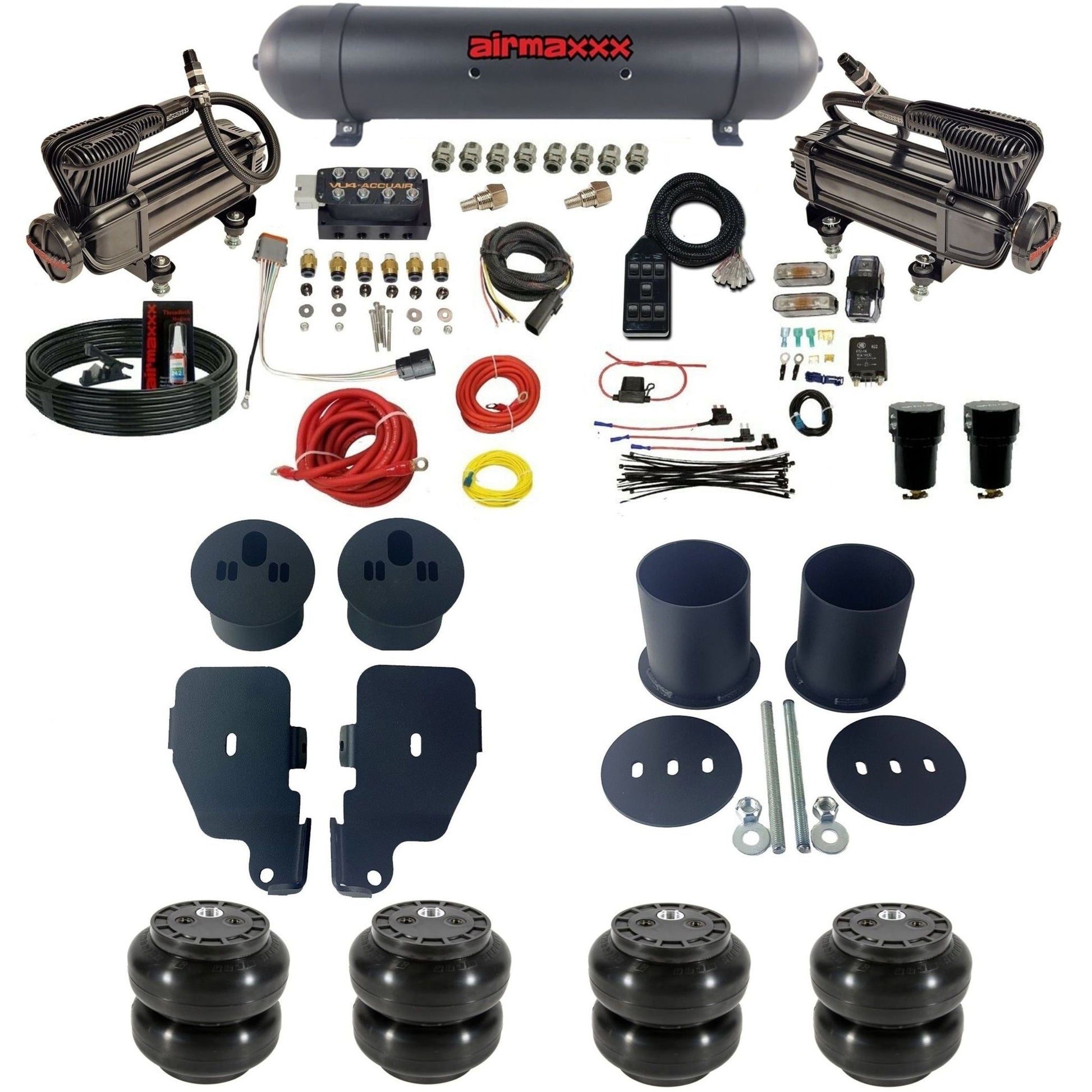 accuair vu4 dual x-series compressors aluminum tank & slam bags air ride suspension kit for 1965-1970 chevy impala KIMP65-XB2-57ABK-VU4-7BK-WK-HFSS6