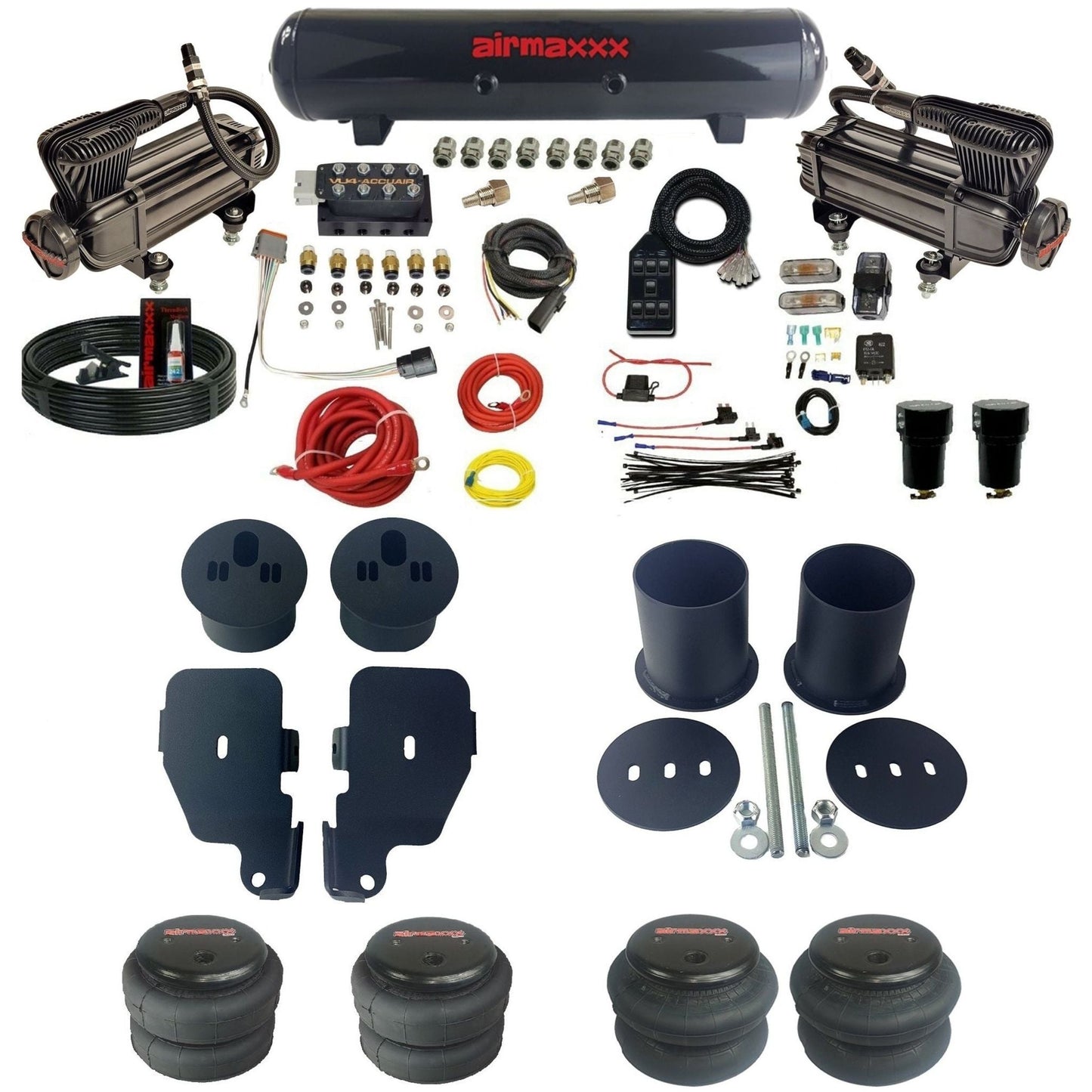 accuair vu4 dual x-series compressors steel tank & bags air ride suspension kit for 1965-1970 chevy impala KIMP65-XB2-57S-VU4-7BK-WK-HF
