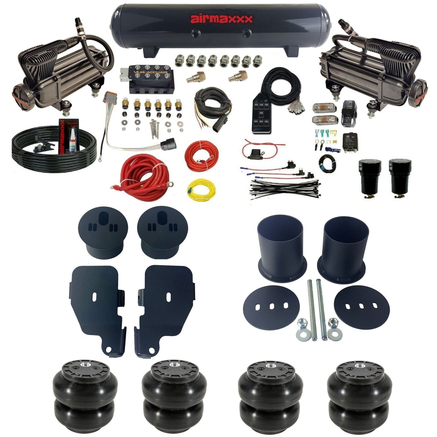 accuair vu4 dual x-series compressors steel tank & slam bags air ride suspension kit for 1965-1970 chevy impala KIMP65-XB2-57S-VU4-7BK-WK-HFSS6
