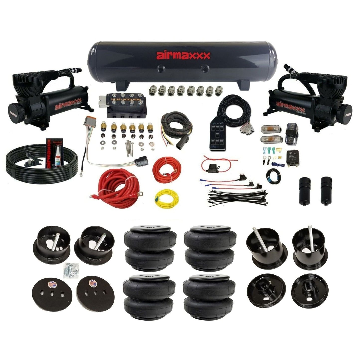 accuair vu4 with black 580 dual compressors steel tank airlift bags air ride kit for 1961-1962 cadillac K-CAD6162-580B2-57S-VU4-7BK-WK-HFD25