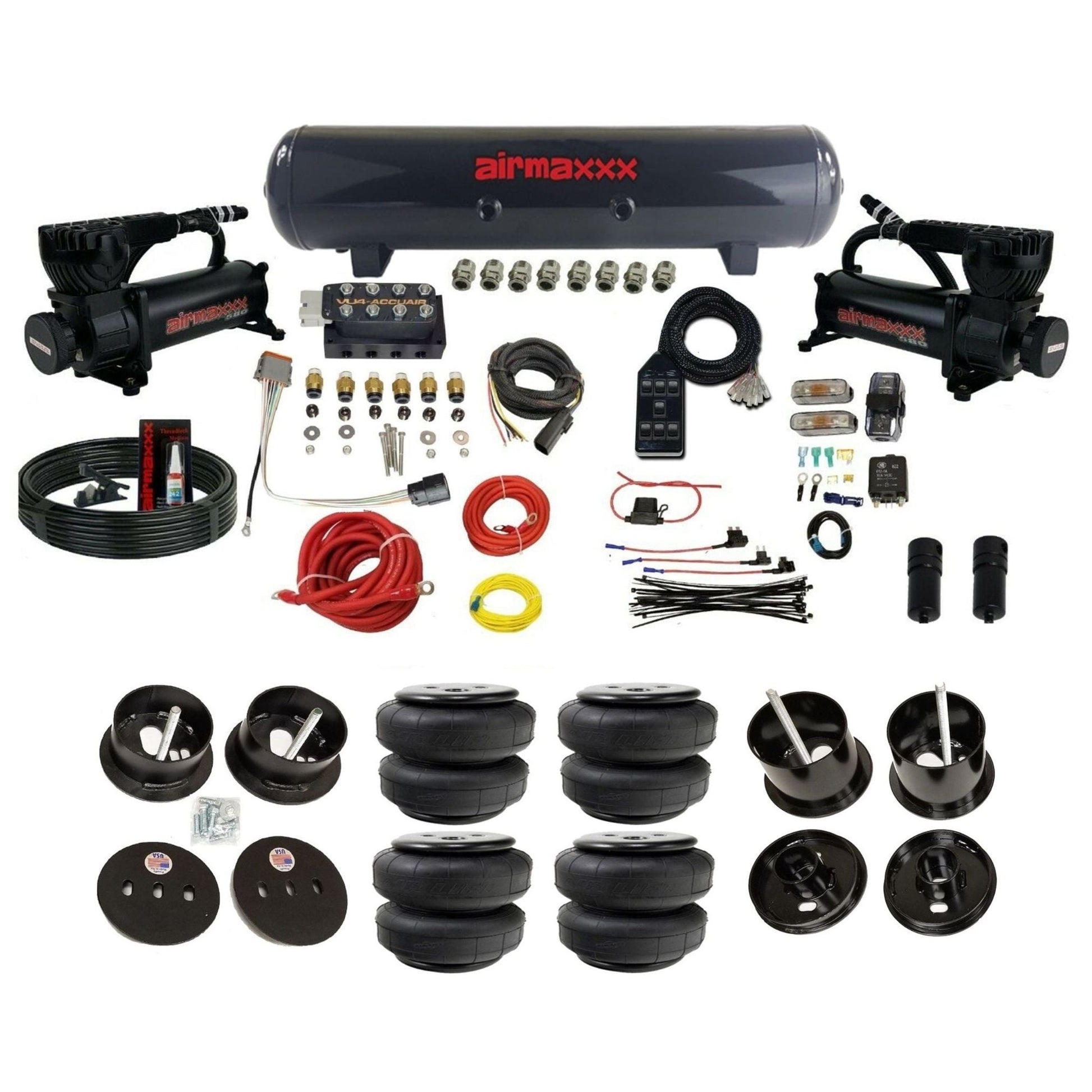 accuair vu4 with black 580 dual compressors steel tank airlift bags air ride kit for 1961-1962 cadillac K-CAD6162-580B2-57S-VU4-7BK-WK-HFD25