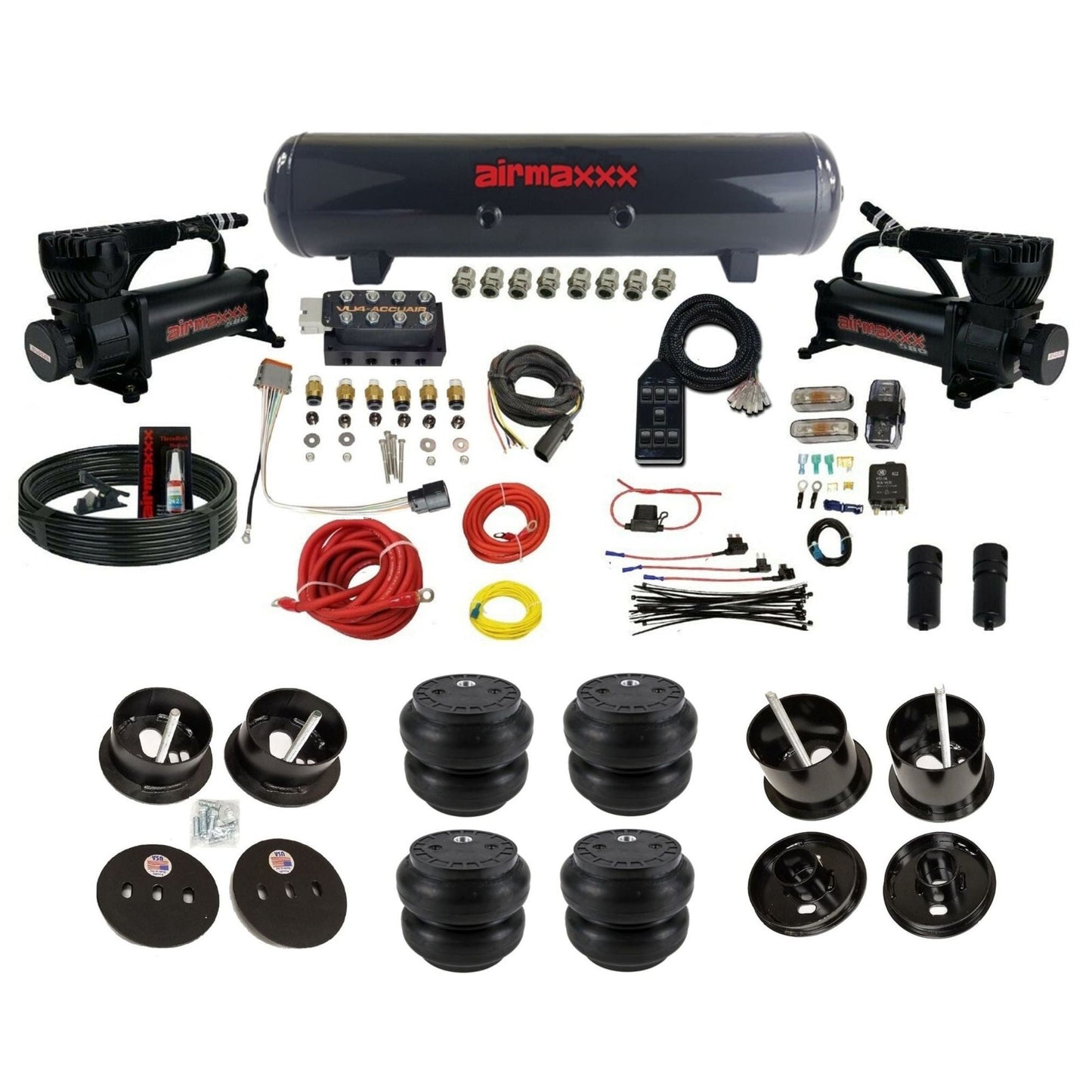 accuair vu4 with black 580 dual compressors steel tank slam bags air ride kit for 1961-1962 cadillac K-CAD6162-580B2-57S-VU4-7BK-WK-HFSS7
